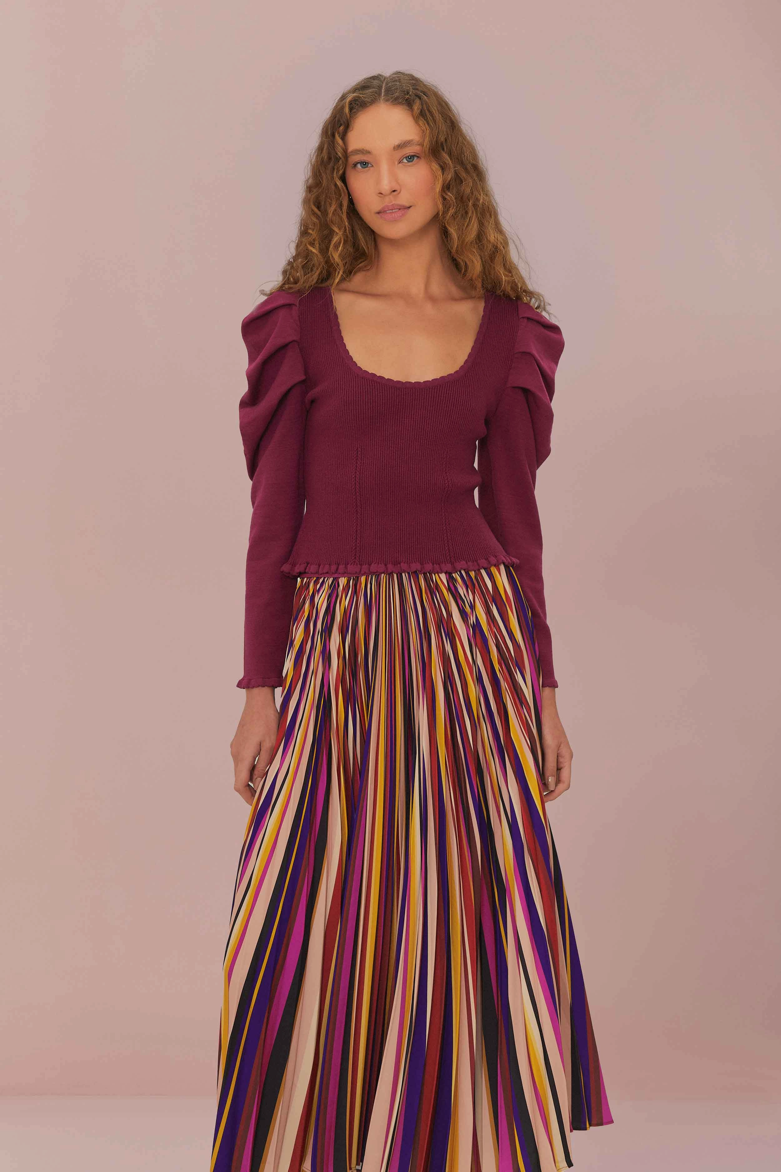 Laidback Feel Faux Leather Multicolor Diagonal Stripes Pleated Maxi Skirt