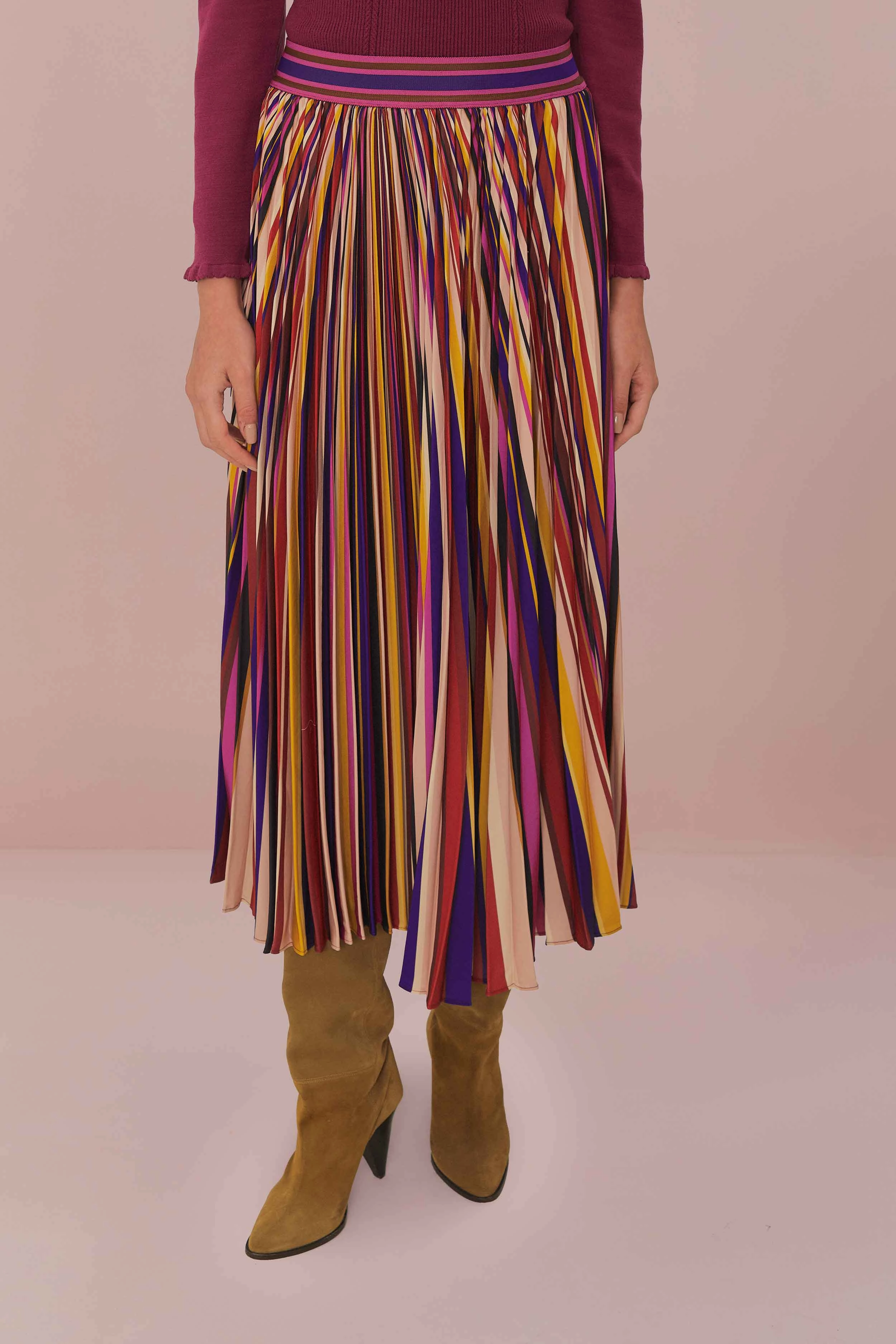 Multicolor Diagonal Stripes Pleated Maxi Skirt Slow Fashion Casual Moments