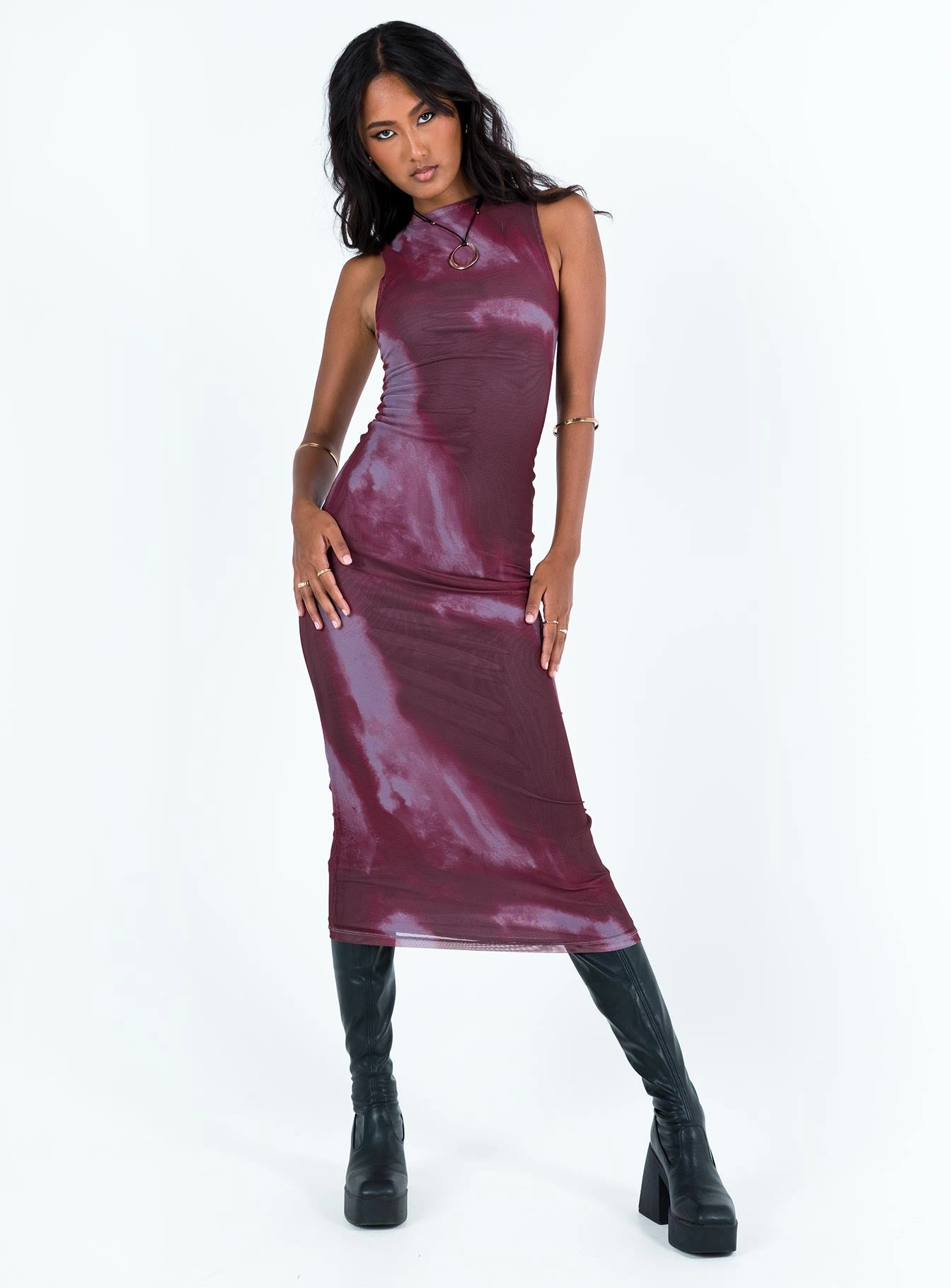 Motel Fayola Dress Mesh Watercolour Wine Pleat Breeze Charming Fit