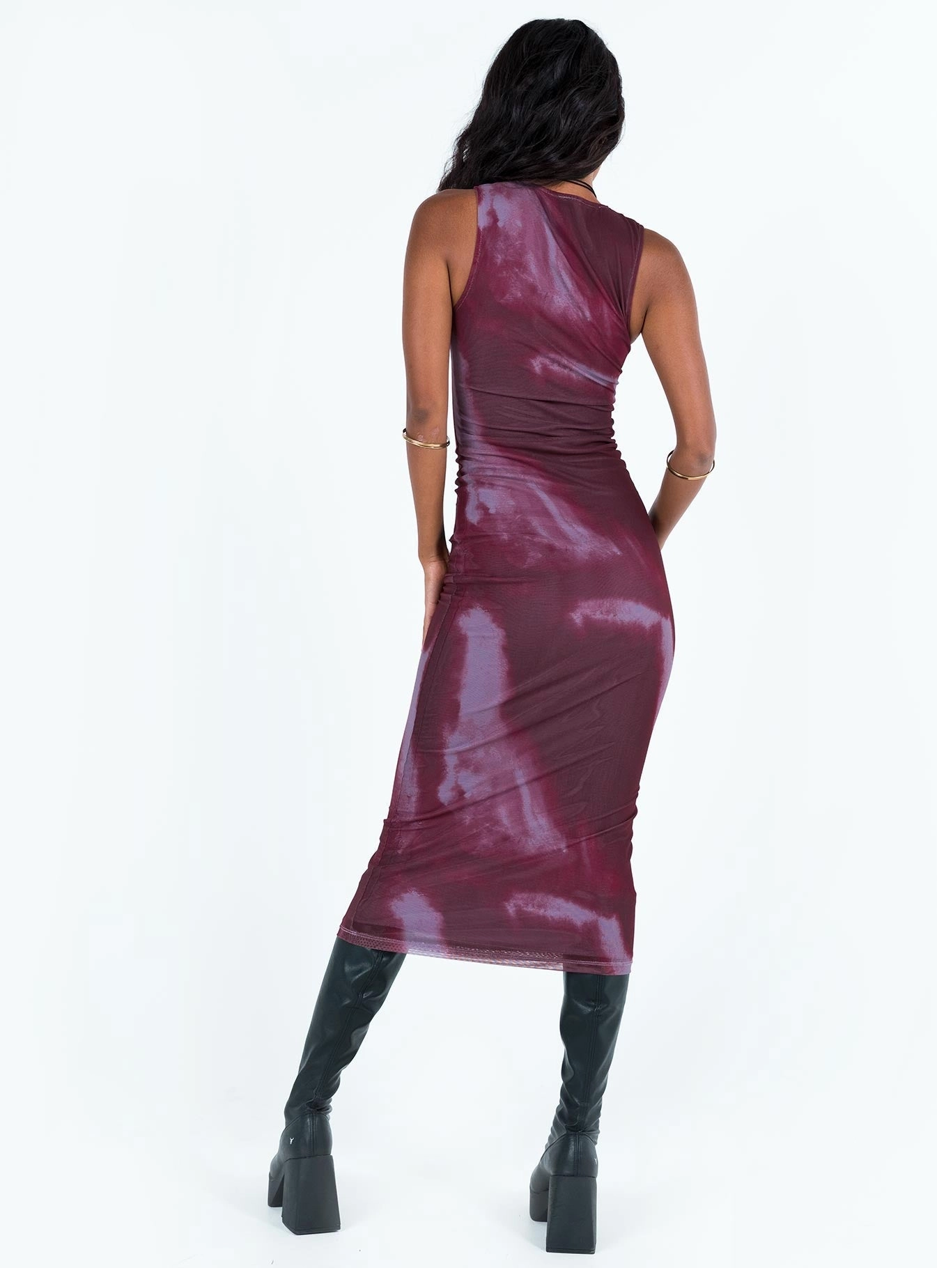 Pure Vibes Motel Fayola Dress Mesh Watercolour Wine