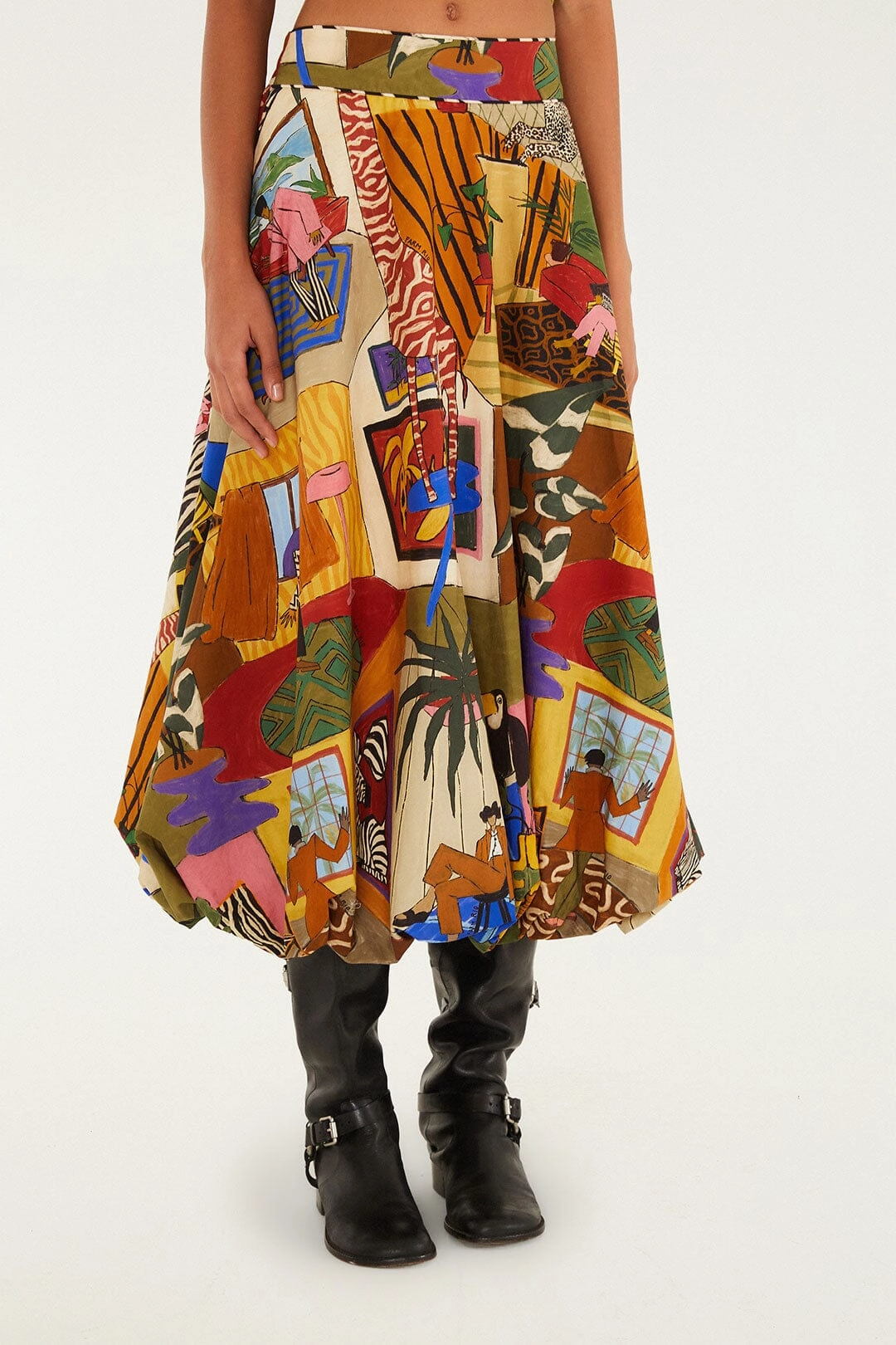 Multicolor Tropical Balloon Organic Cotton Midi Skirt Tiered hem