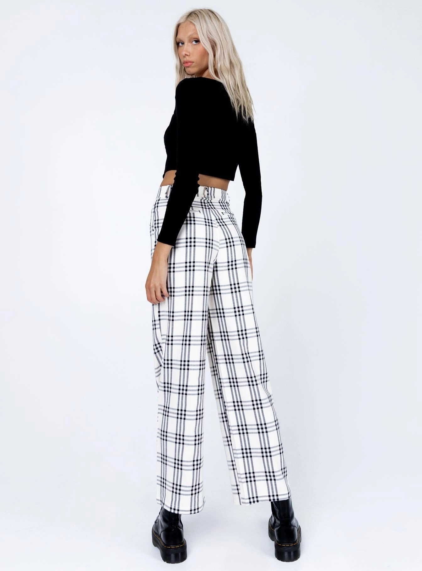 Declan Checked Wide Leg Pants White ErgonomicStitching