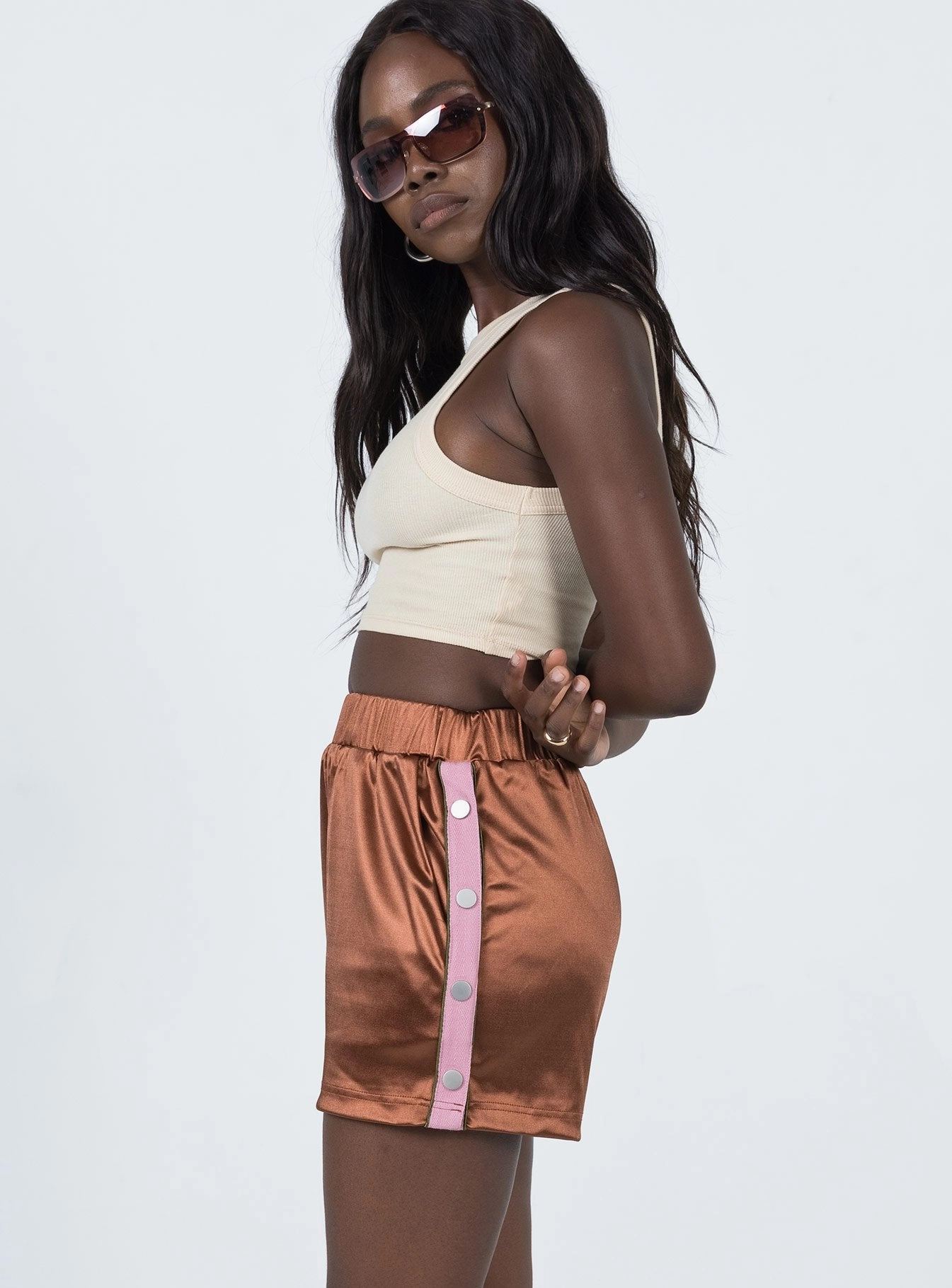 Multi Directional Flex Minimal Waistband Muse Track Shorts Brown