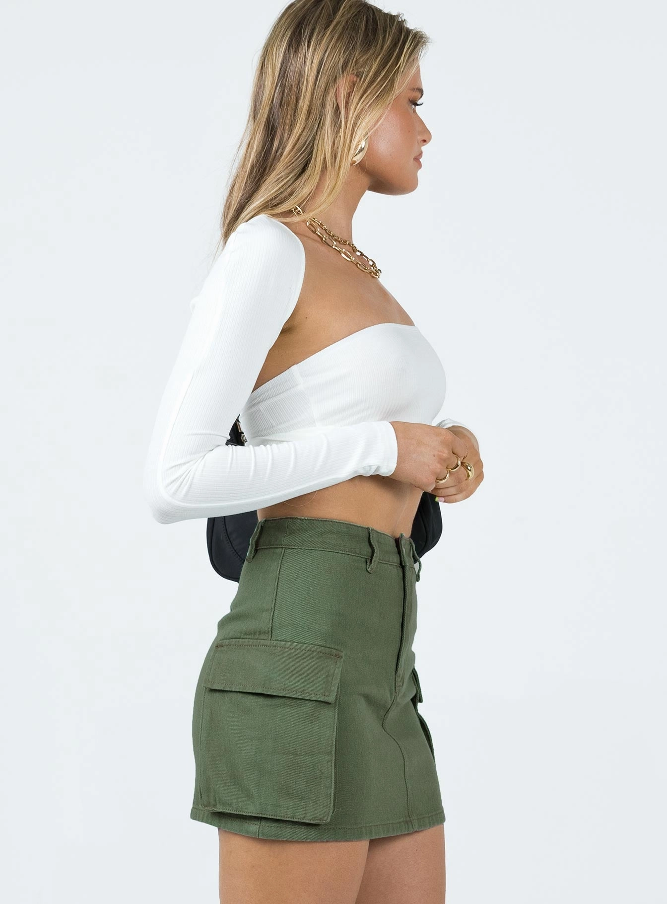 Silicone Grip Trim Mid Rise Myrtle Cargo Mini Skirt Khaki