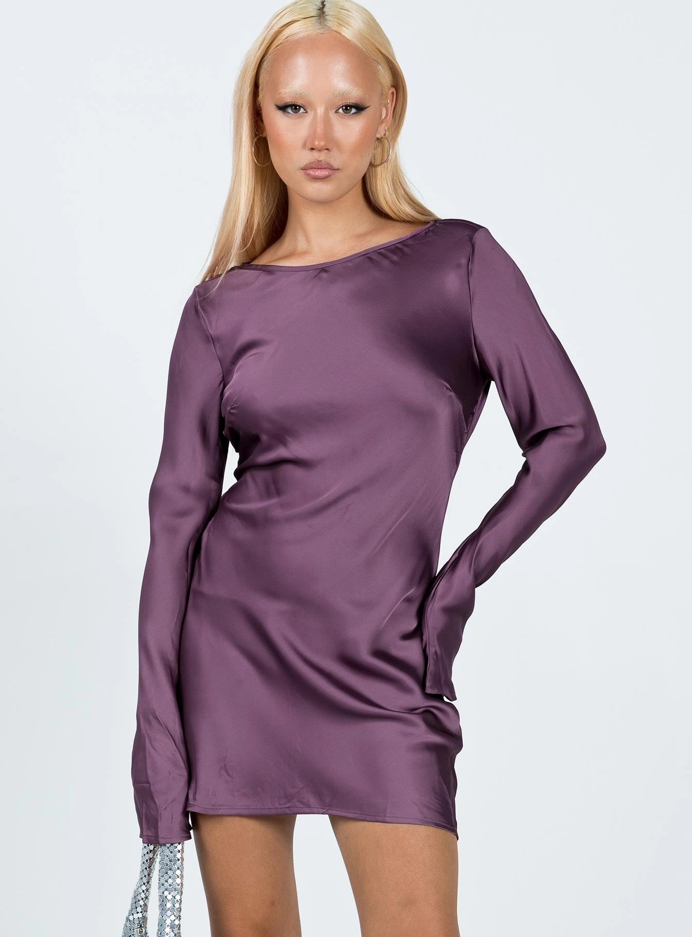 Namara Long Sleeve Mini Dress Purple Luxurious Feel Silk Shine