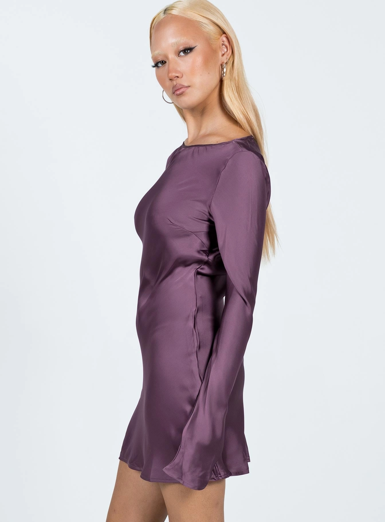Namara Long Sleeve Mini Dress Purple Feminine off-the-shoulder gown Halter-Neck