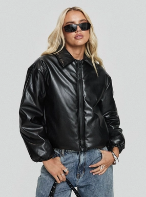 Nantes Faux Leather Bomber Jacket Black Vegan Fabric
