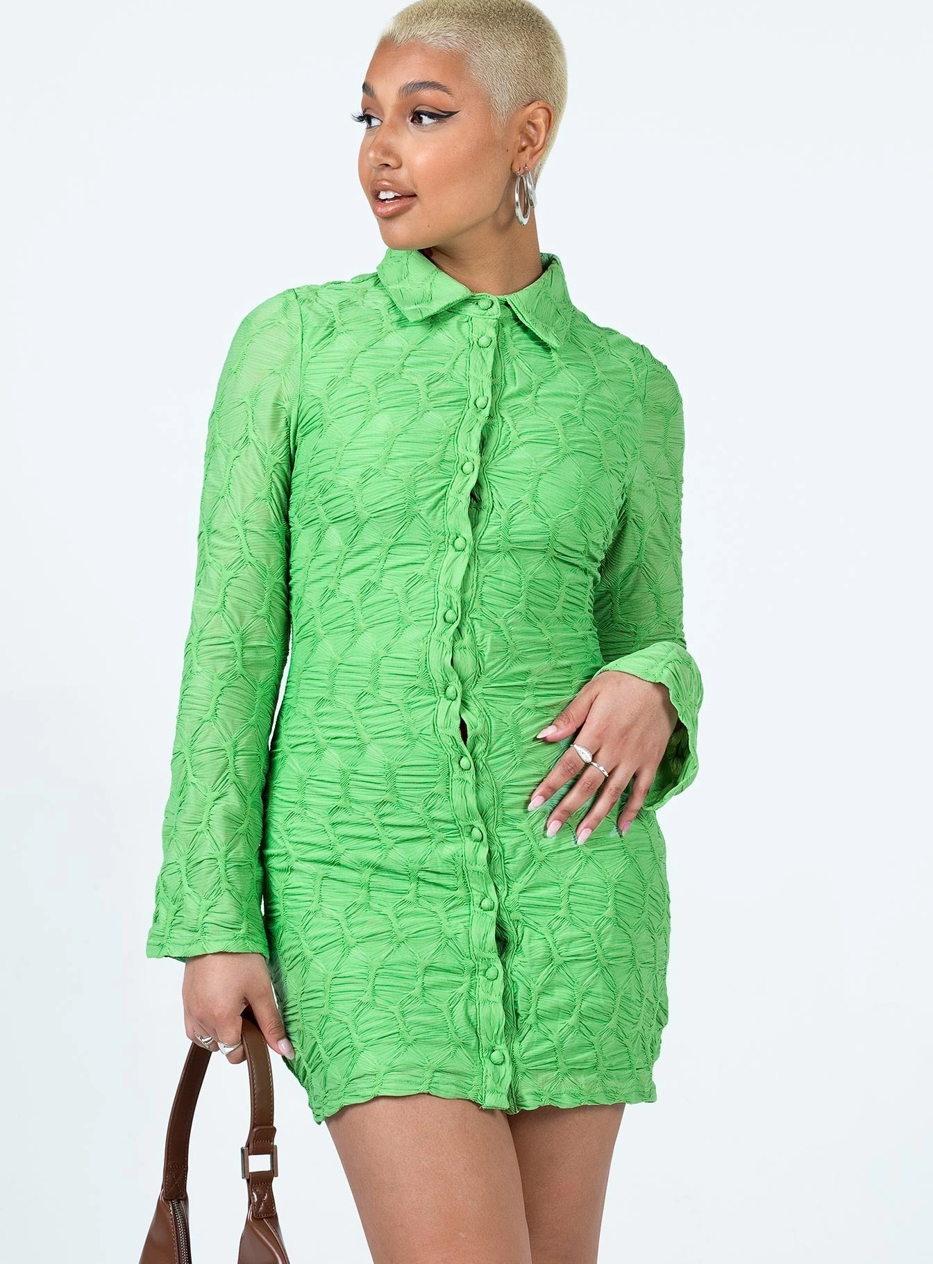 Calvert Long Sleeve Mini Dress Green Lazy Pick Fit Clean