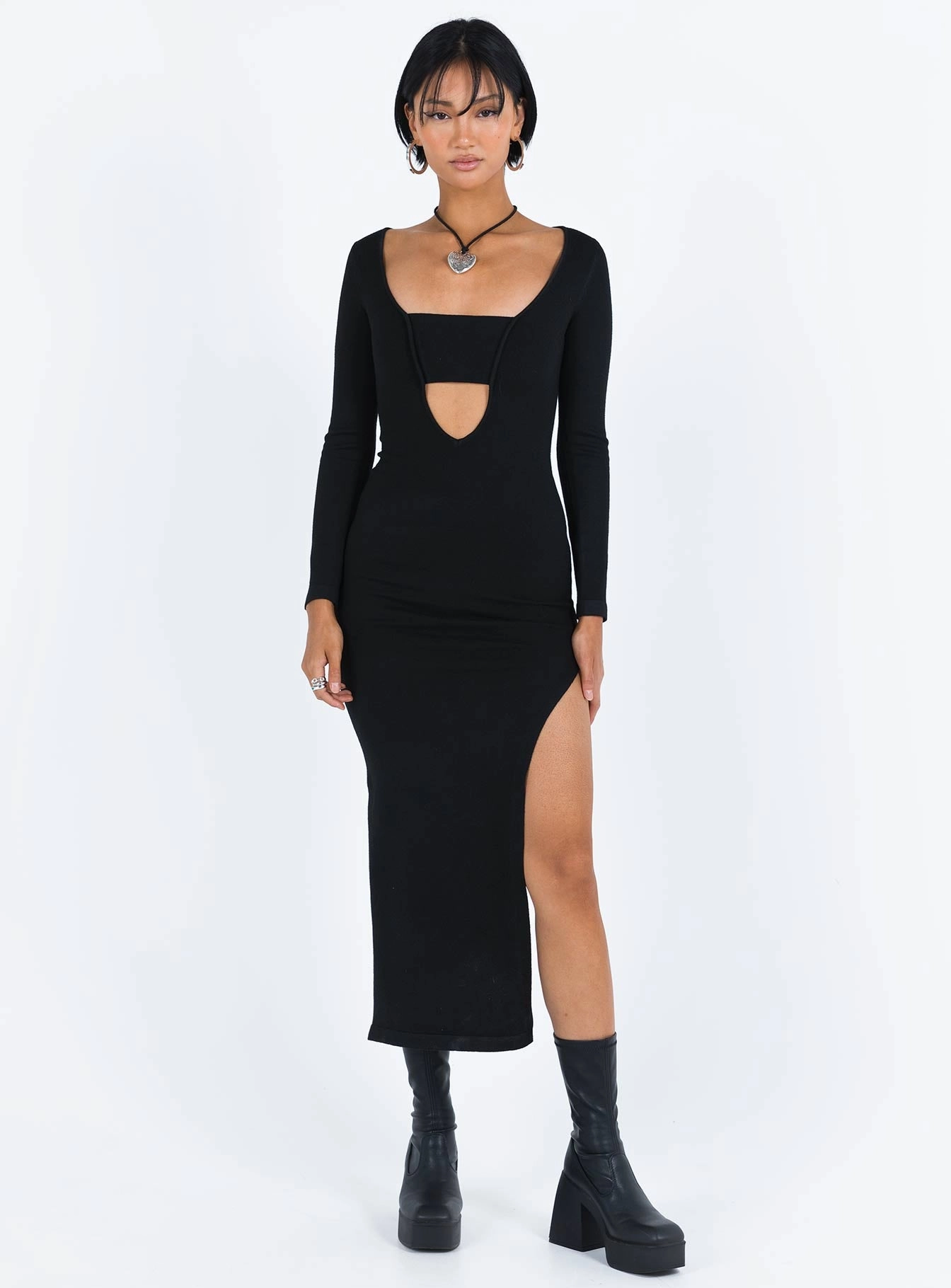 Puff-Sleeve All-Day Wear Marple Cut Out Maxi Dress Black