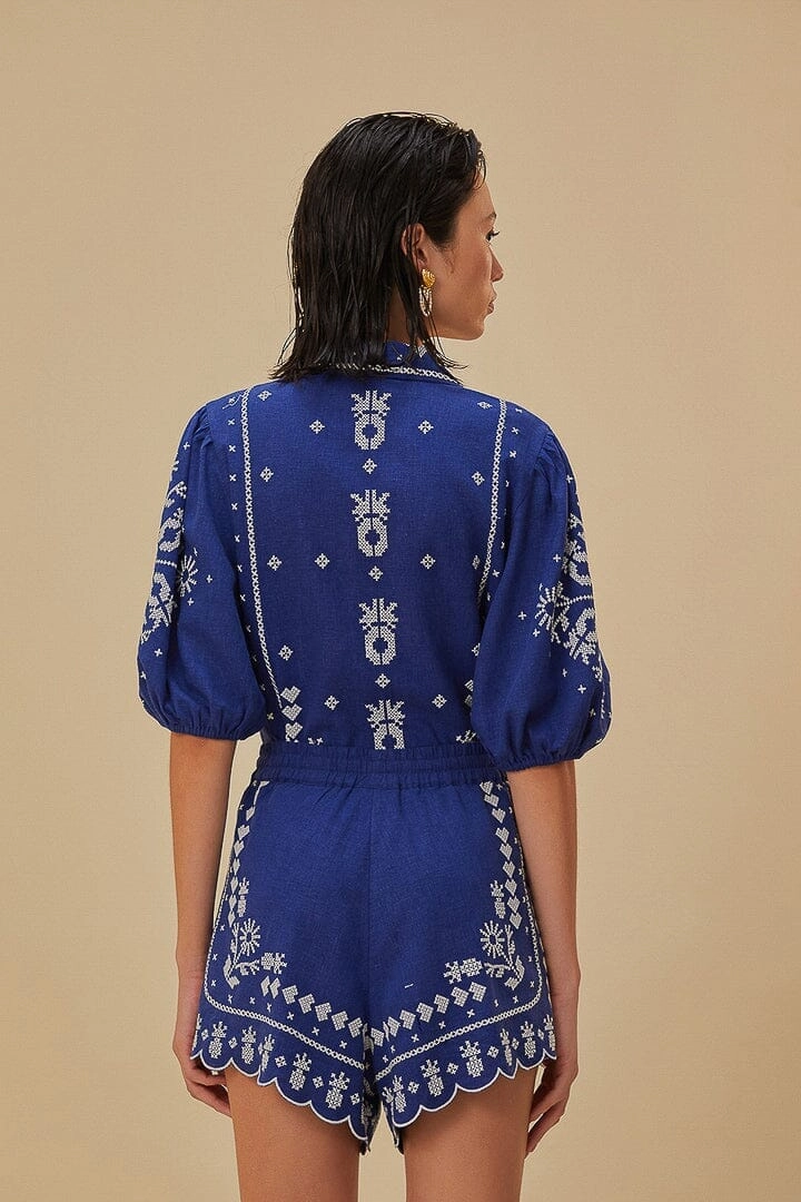 Daily Wear Navy Blue Embroidered Shorts