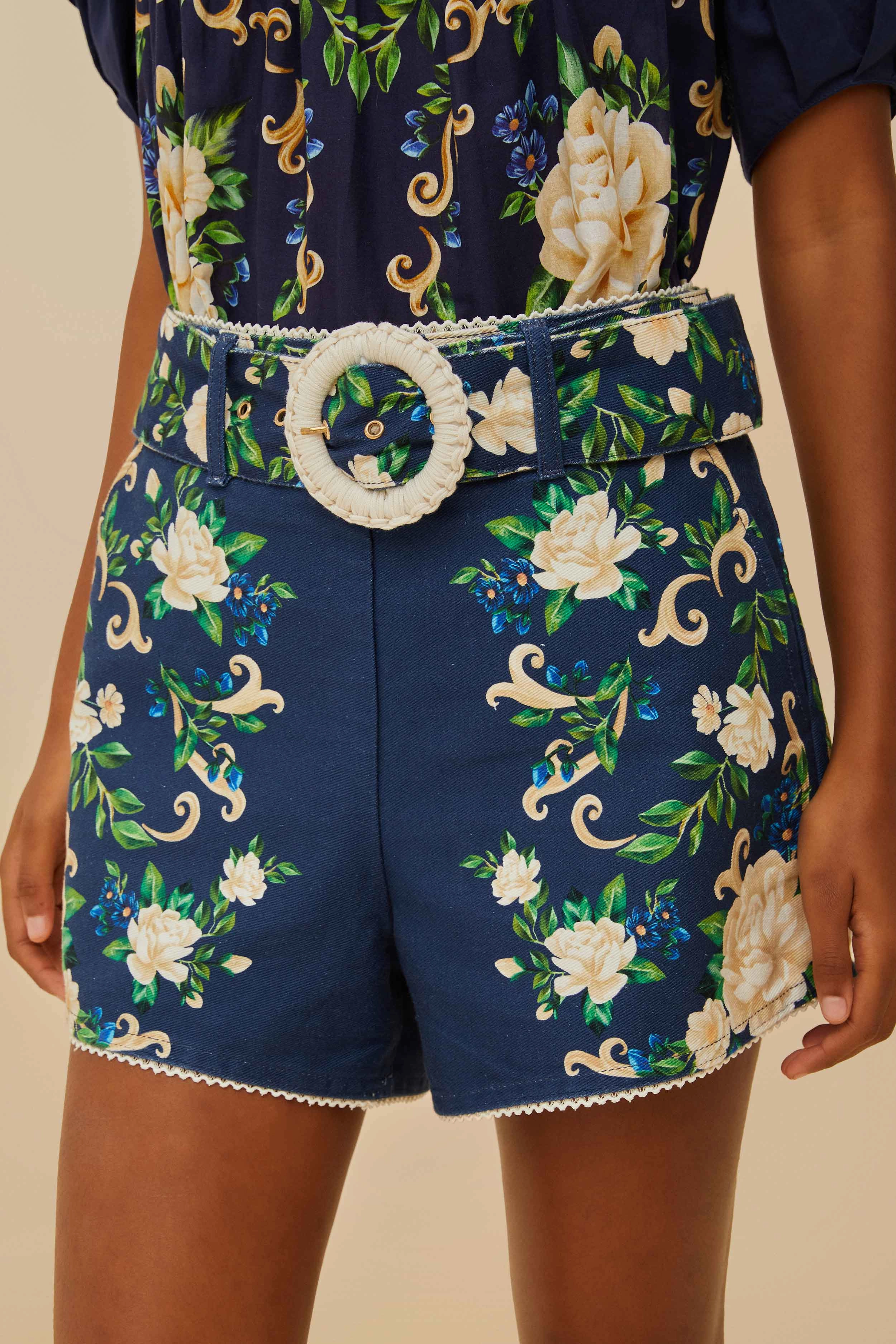 Light Fit School Uniform Navy Blue Flower Tapestry Shorts