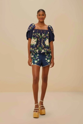 Functional Clothing Navy Blue Flower Tapestry Shorts