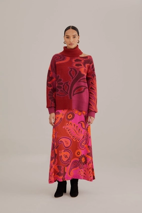 Winter Layering Tear Resistant Pink Bold Floral Satin Maxi Skirt