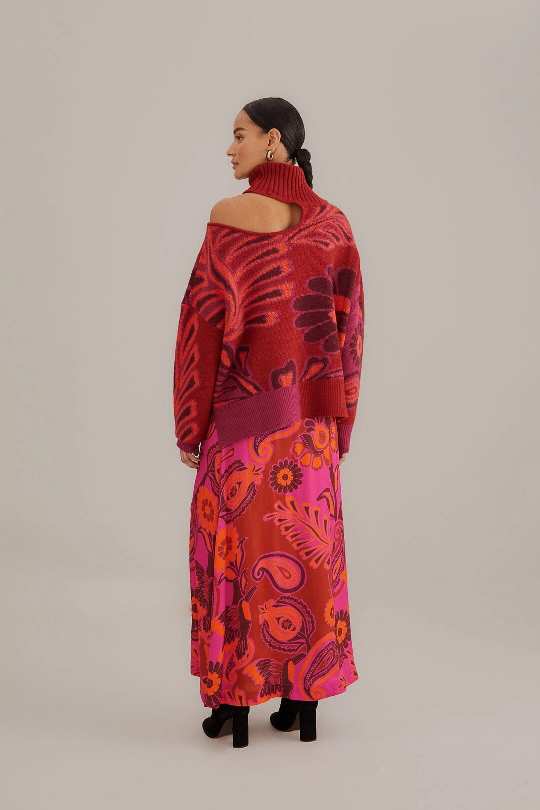 Pink Bold Floral Satin Maxi Skirt Organic Cotton