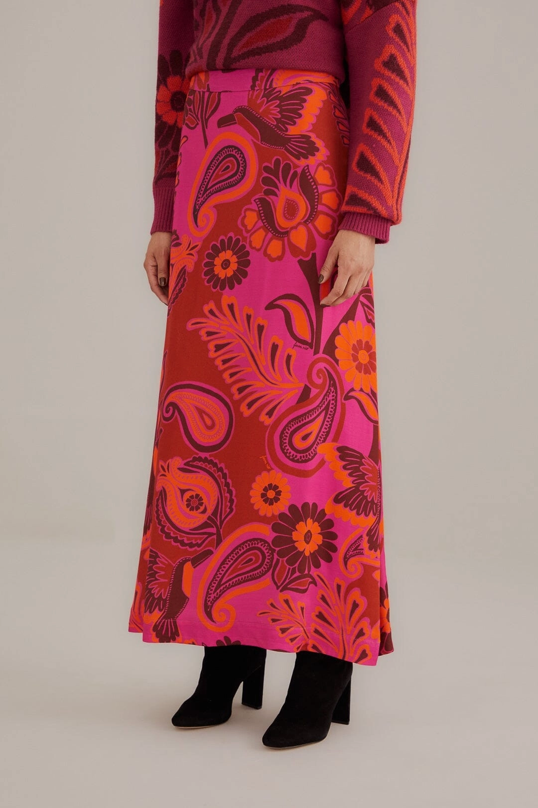 High Shine Refined Sophistication Pink Bold Floral Satin Maxi Skirt