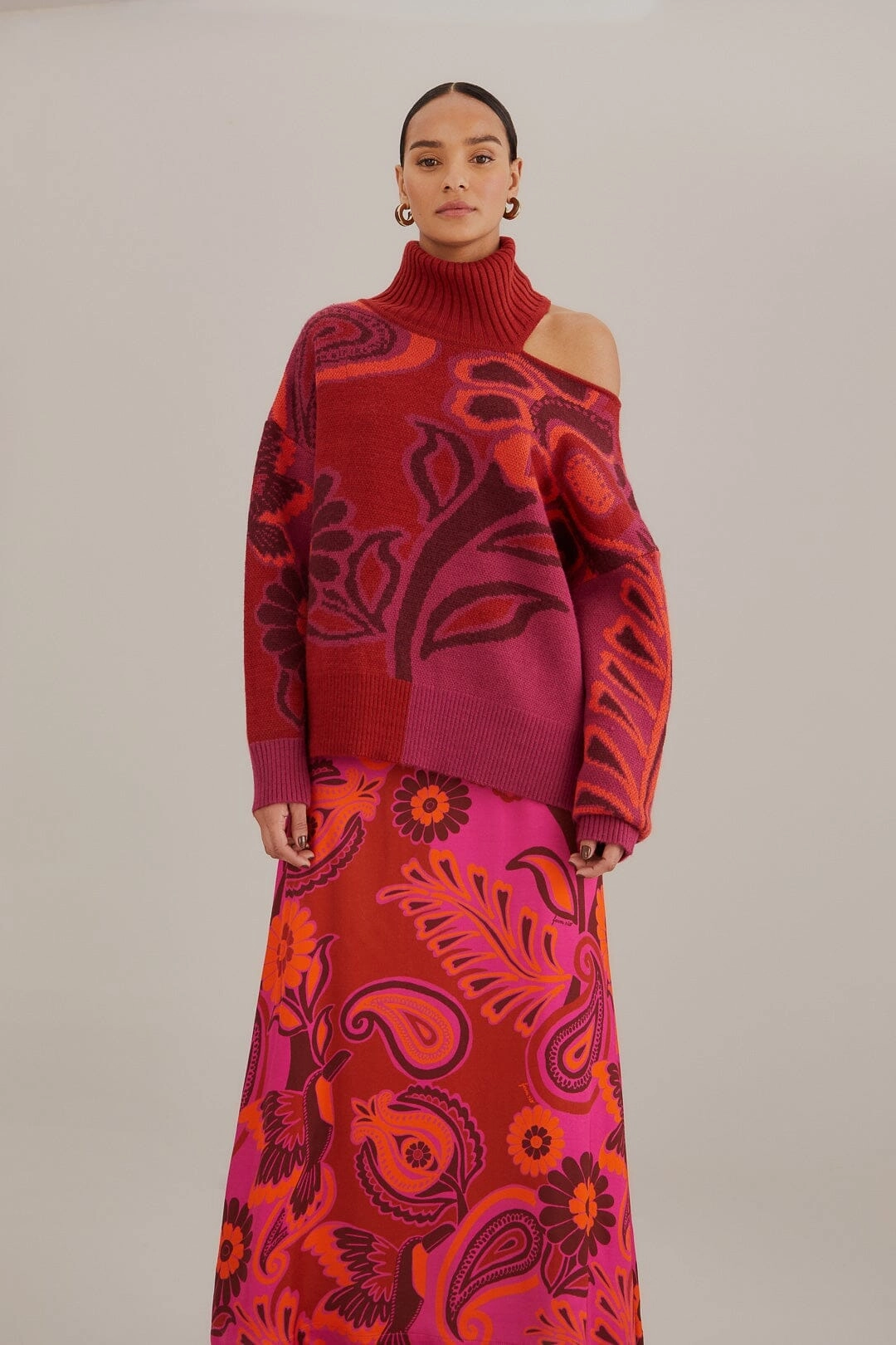 High Rise Pink Bold Floral Satin Maxi Skirt