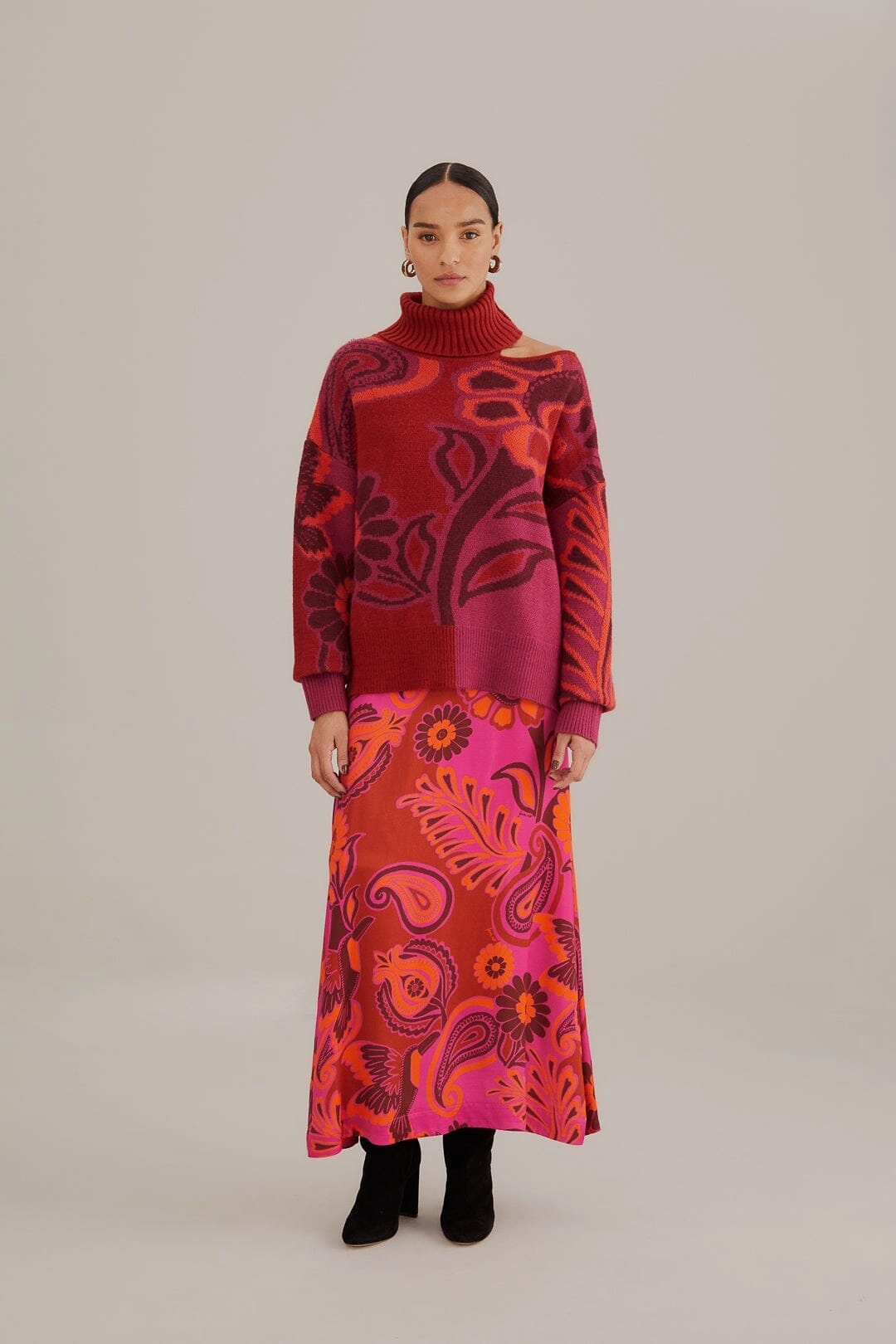 Winter Layering Tear Resistant Pink Bold Floral Satin Maxi Skirt