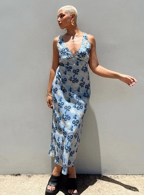Nellie Maxi Dress Blue Floral Beaded-Sleeve