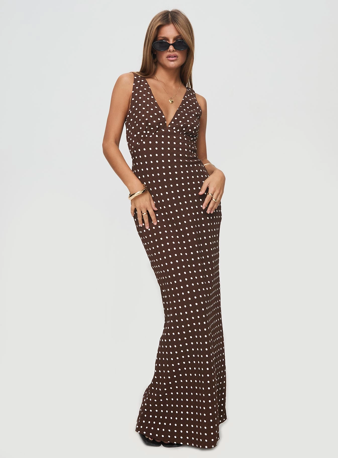 Nellie Maxi Dress Brown Polka Dot Smooth Finish