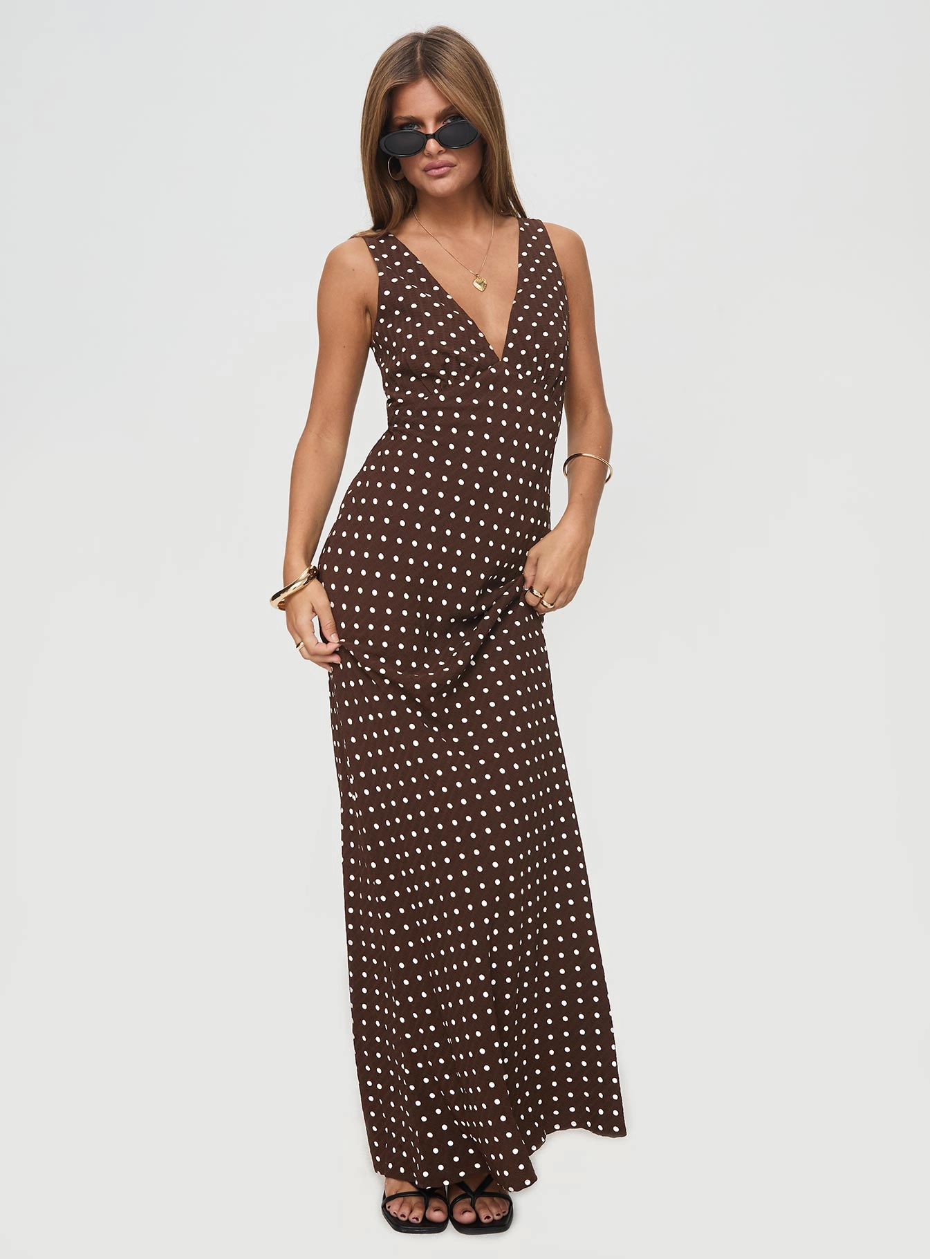 Nellie Maxi Dress Brown Polka Dot Elegant knee-length dress Chilly Weather Comfort