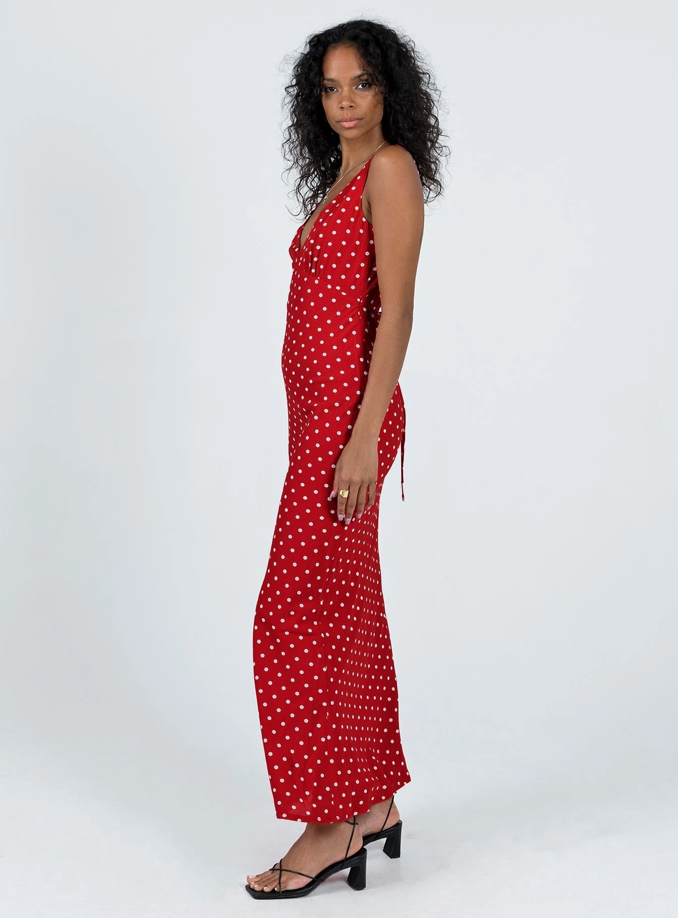 Nellie Maxi Dress Red Polka Dot Side Ruching Easy Pick