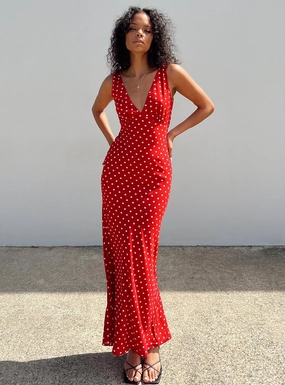Nellie Maxi Dress Red Polka Dot Silk-Blend