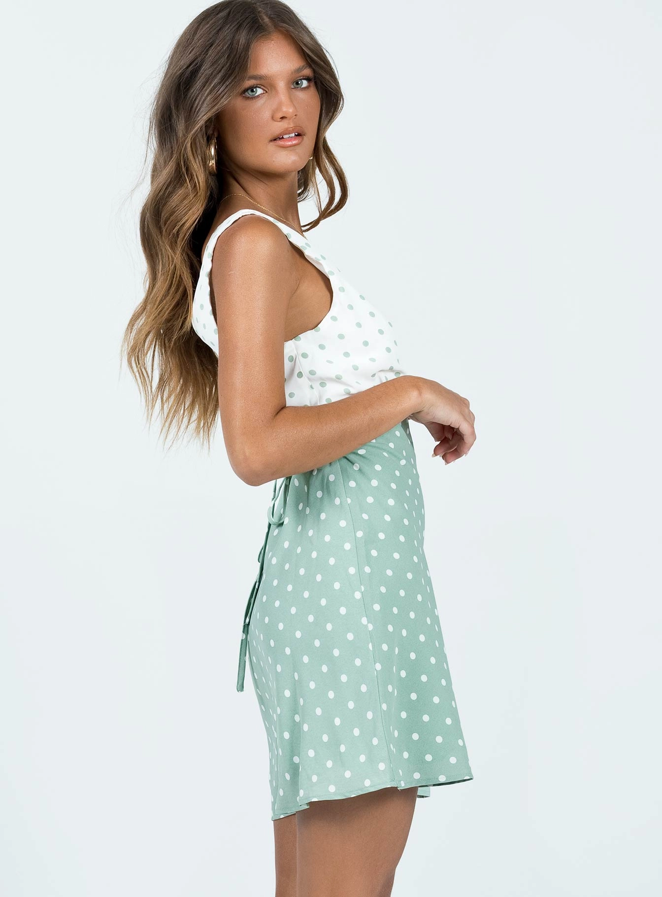 Sheer Panel Chill Edge Nellie Mini Dress Mint Polka Dot