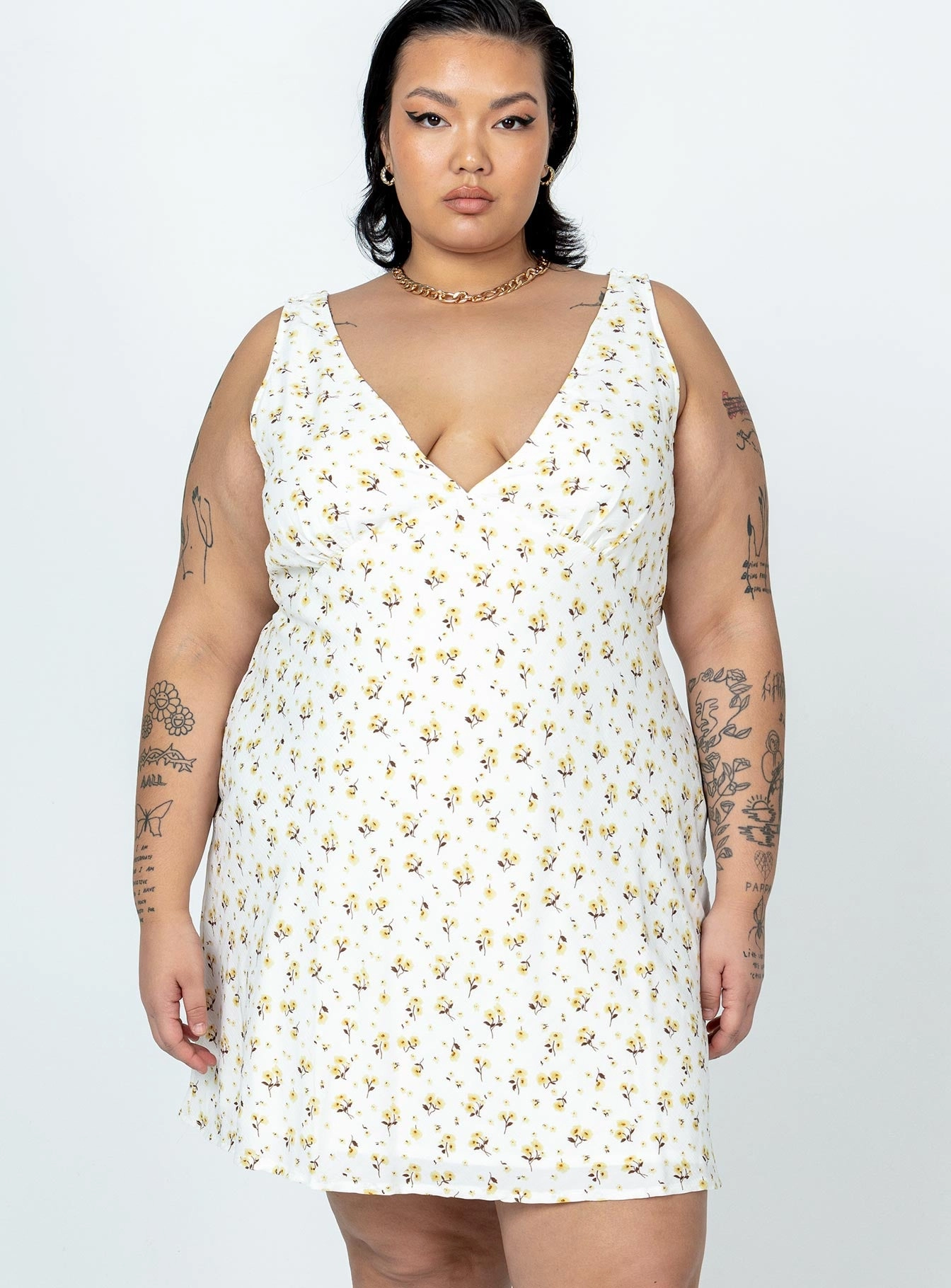 Bride Side Cozy and Comfortable Nellie Mini Dress White / Yellow Floral Curve