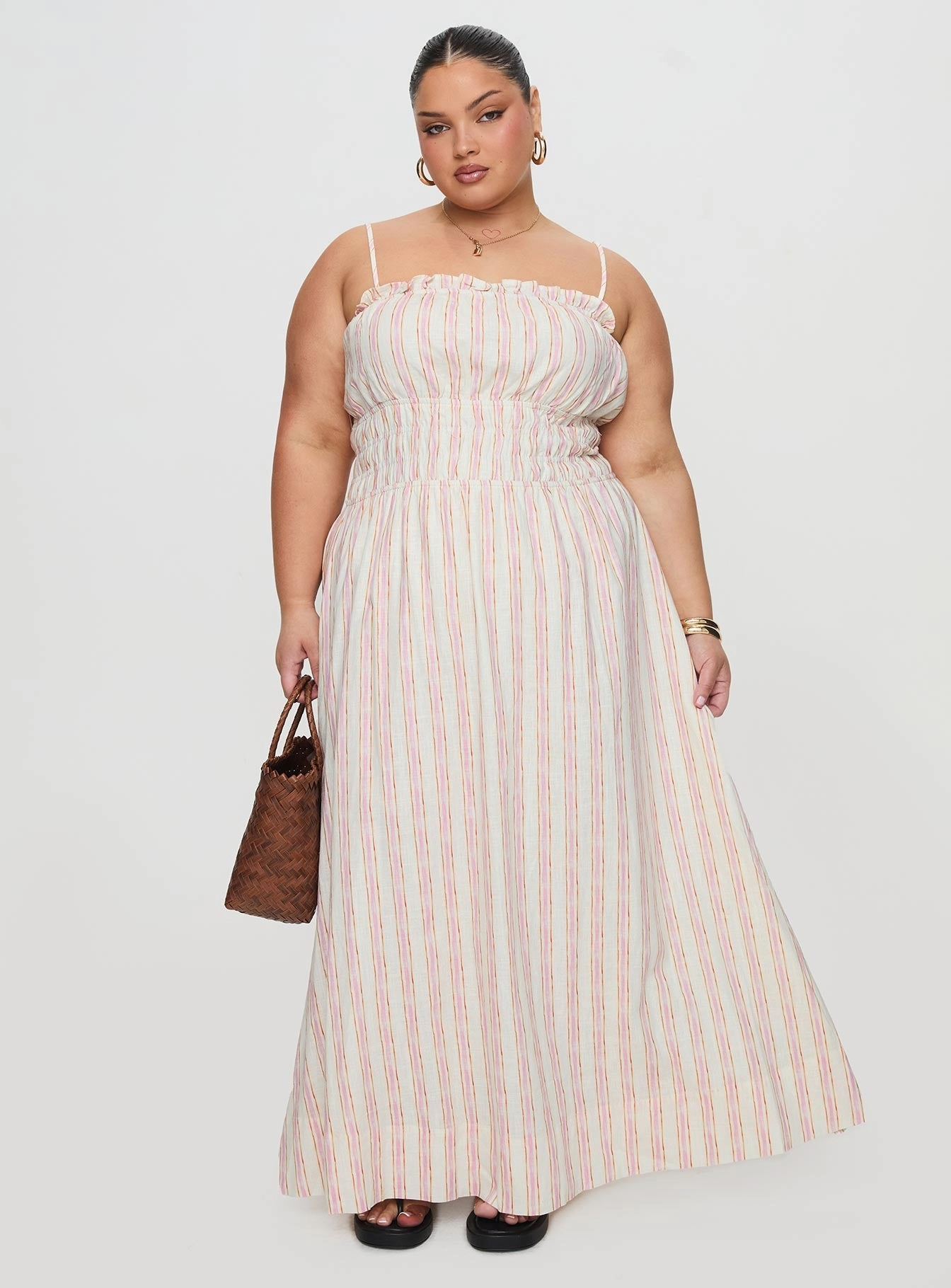 Persephone Shirring Linen Maxi Dress Pink Stripe Curve Flow Line