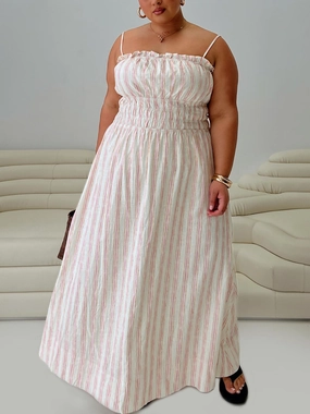 Nordic Plain Persephone Shirring Linen Maxi Dress Pink Stripe Curve