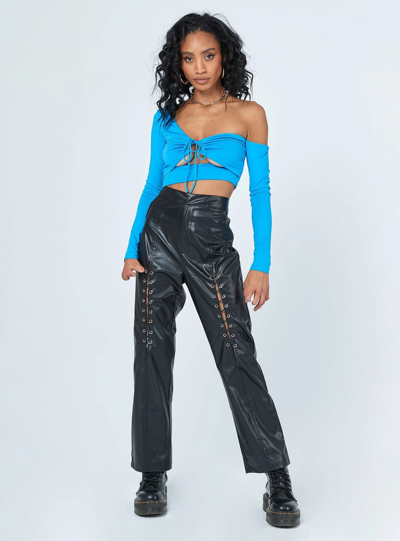 Multi Pocket System Shape Retention Trouble PU Laced Up Pants Black
