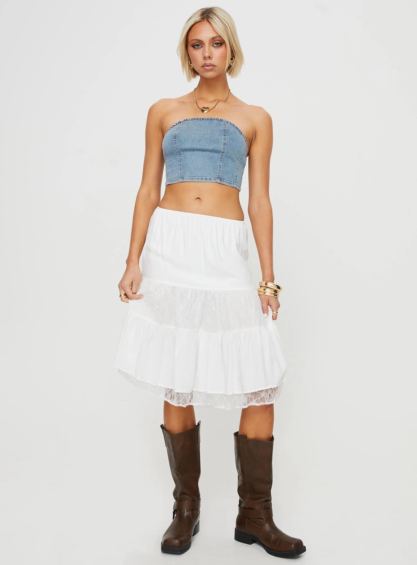 Frolicking Lace Midi Skirt White Vibrant Touch