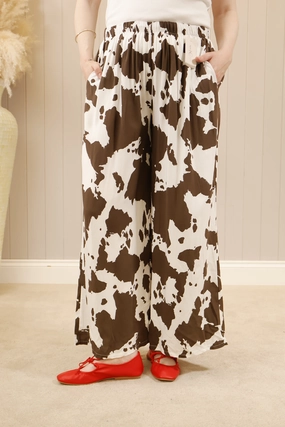 Cow Print Trousers Chocolate Cozy and Relaxed DurableBartack