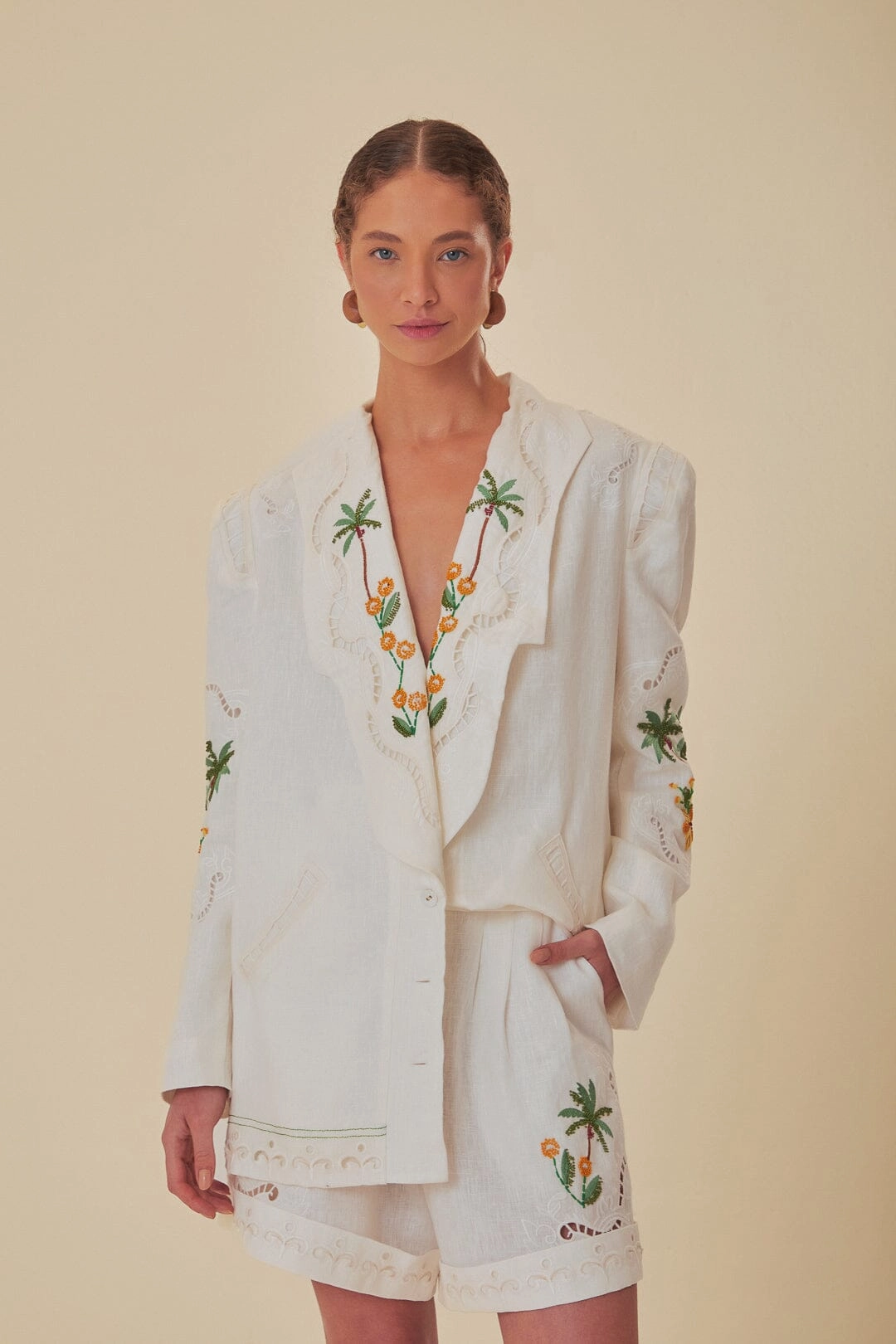 Off-White Coconut Tree Embroidered Richelieu Shorts Versatile Wear