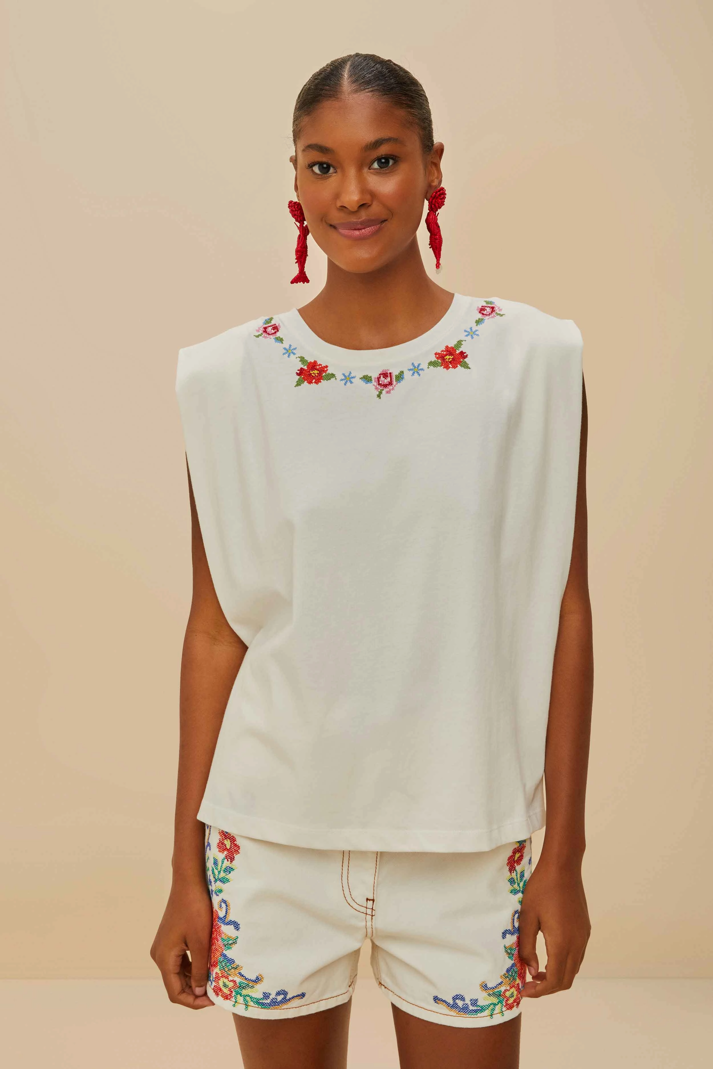 Off-White Cross Stitch Flowers Organic Cotton T-Shirt Comfy Layering