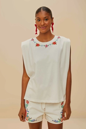 Off-White Cross Stitch Flowers Organic Cotton T-Shirt Comfy Layering