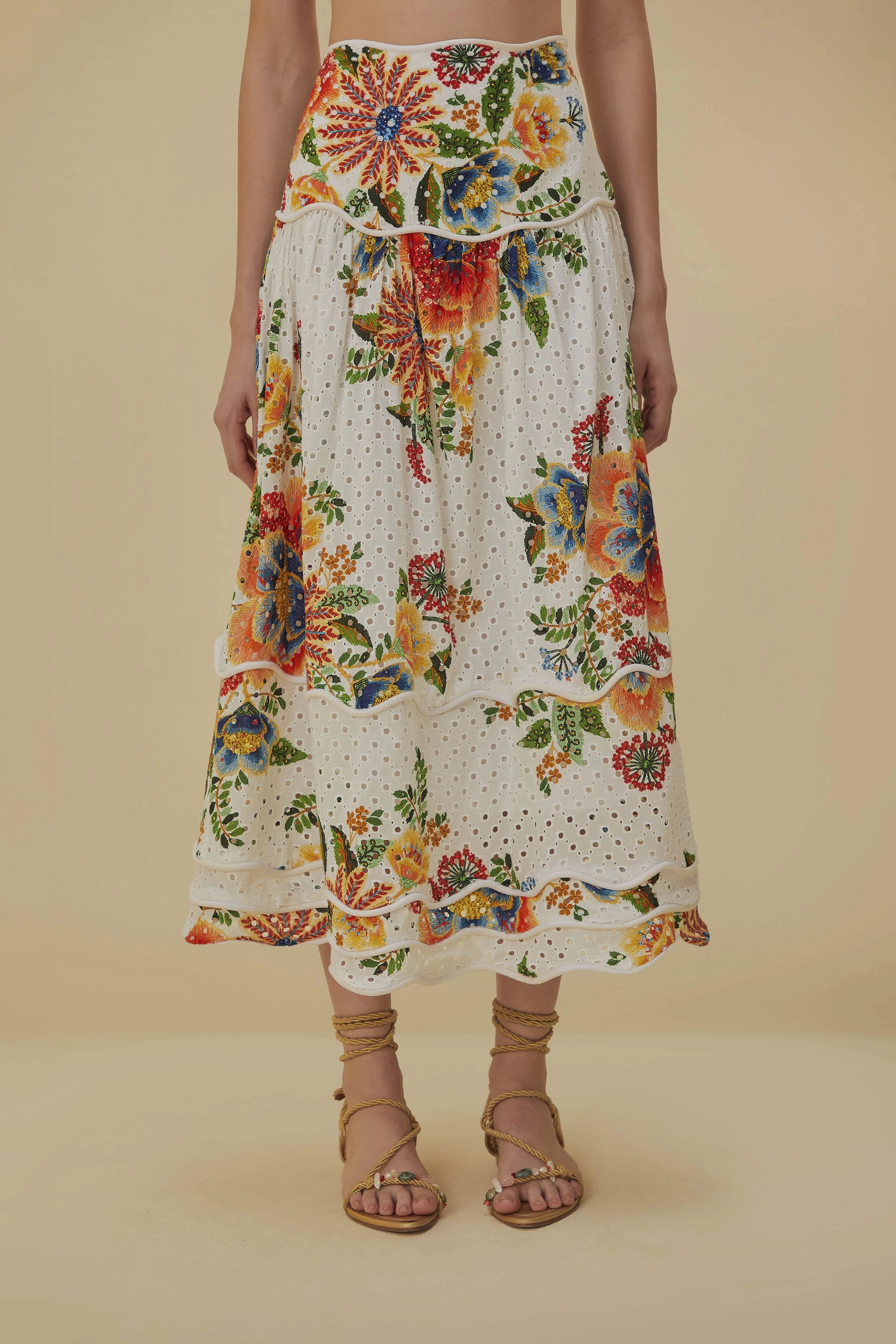 High Rise Off-White Delicate Garden Midi Skirt