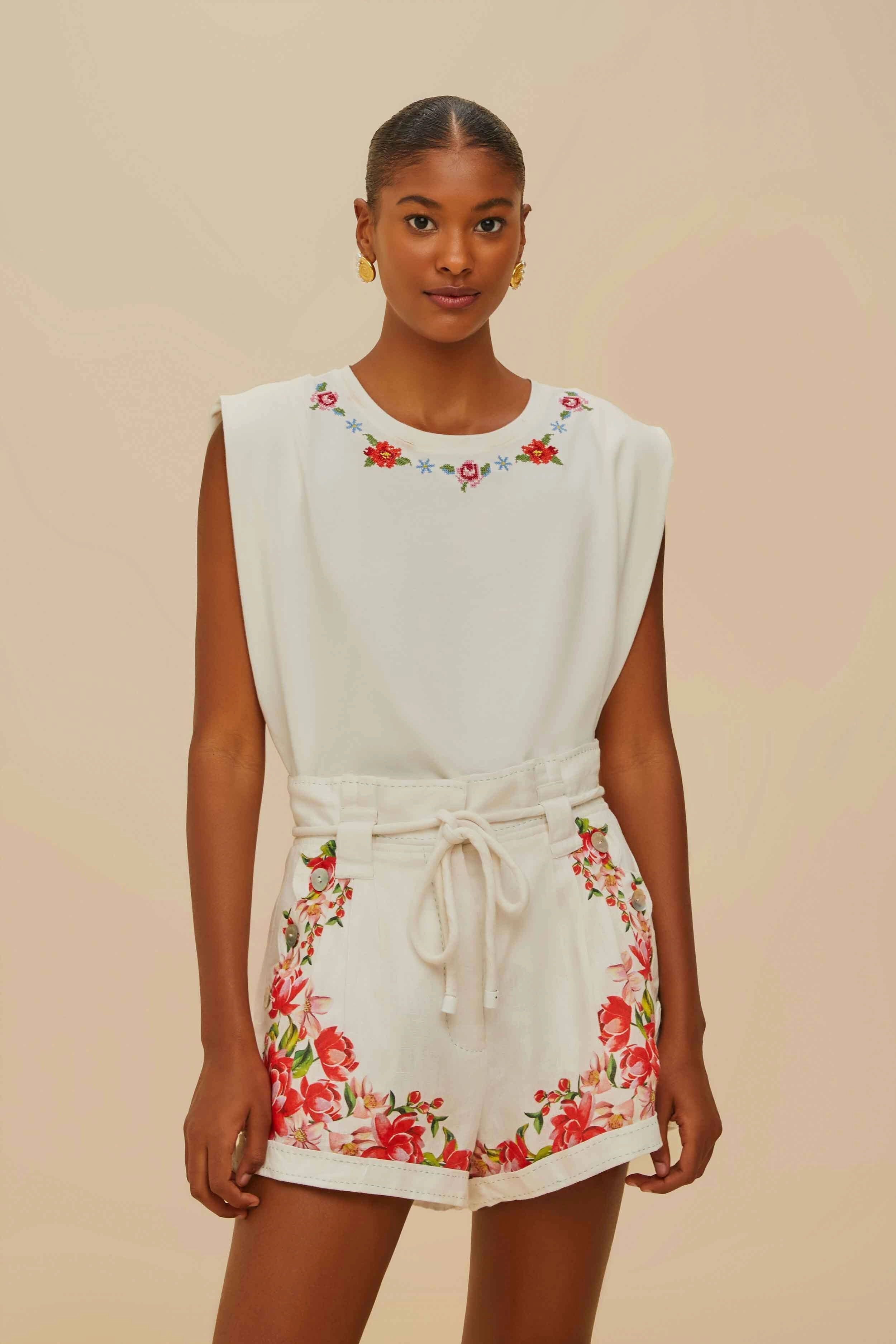 Off-White Flower Tapestry Embroidered Shorts Recycled Polyester Soft Feel