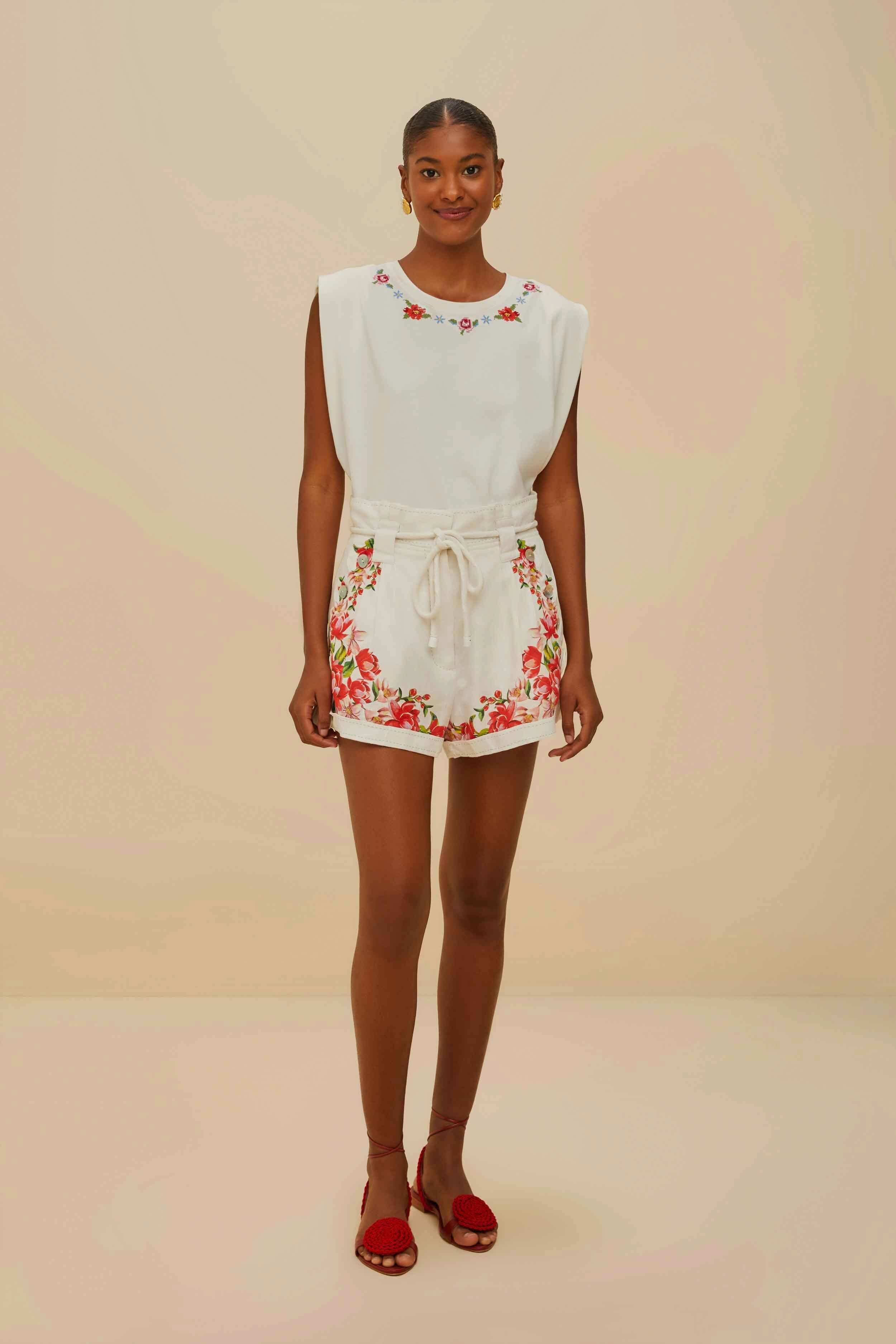Four Way Stretch Fabric Off-White Flower Tapestry Embroidered Shorts