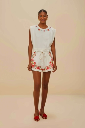 Four Way Stretch Fabric Off-White Flower Tapestry Embroidered Shorts