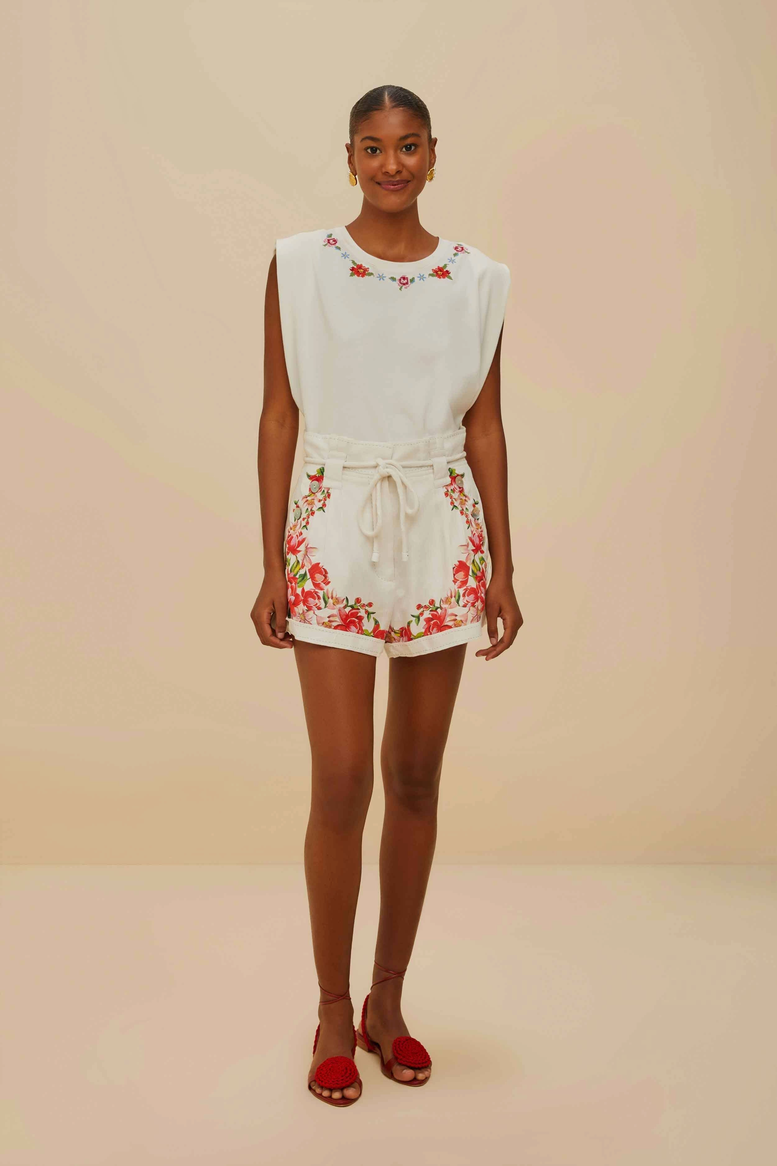 Off-White Flower Tapestry Embroidered Shorts Sleek Comfort Non Binding Waistline