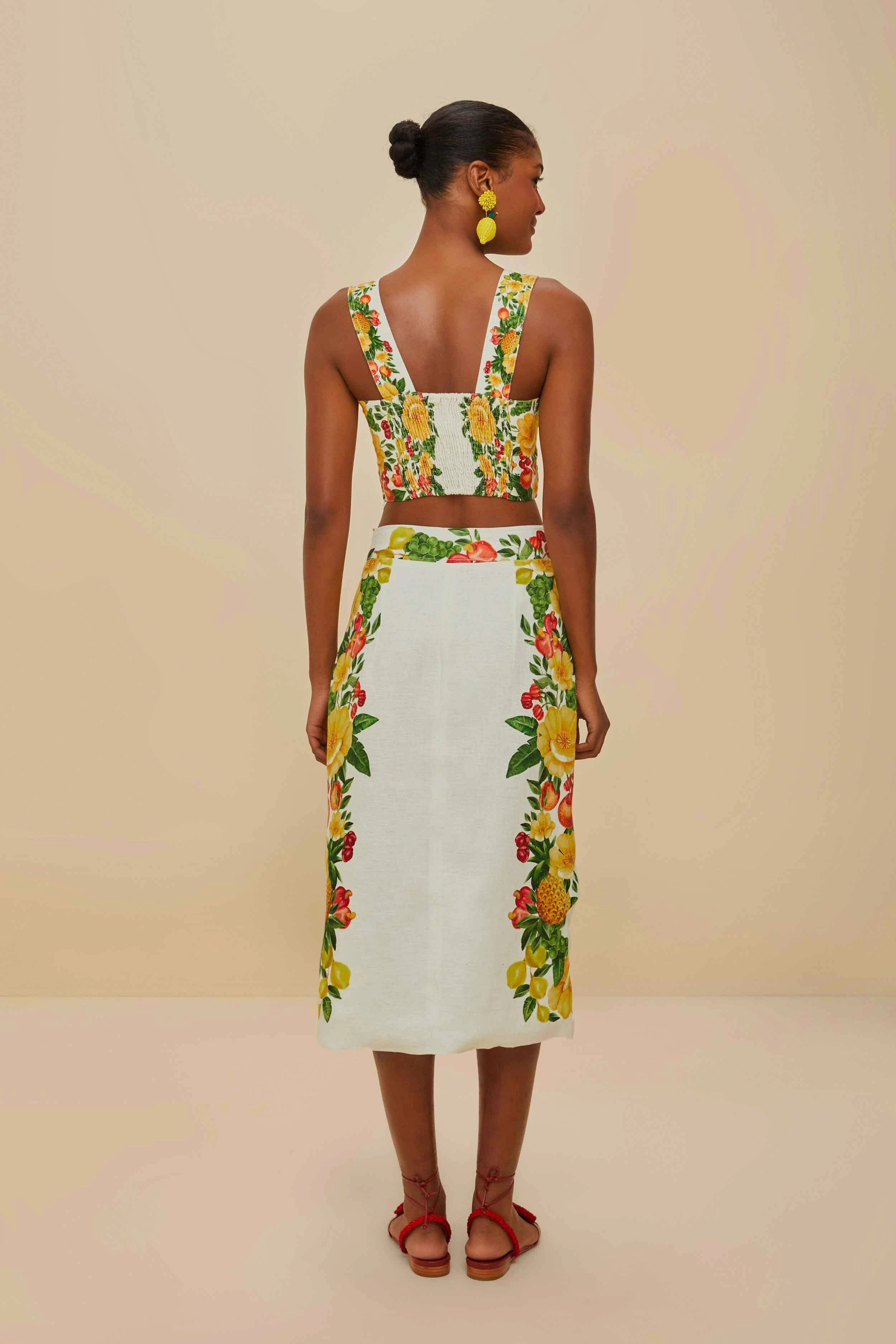 Off-White Picnic Flowers Euroflax? Premium Linen Viscose Midi Skirt Eco conscious Weekend Favorite
