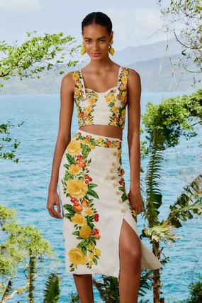 Minimal Vibes Off-White Picnic Flowers Euroflax? Premium Linen Viscose Midi Skirt