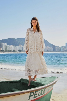 Lightweight Maternity Friendly Off-White Swan Lake Guipure Midi Skirt