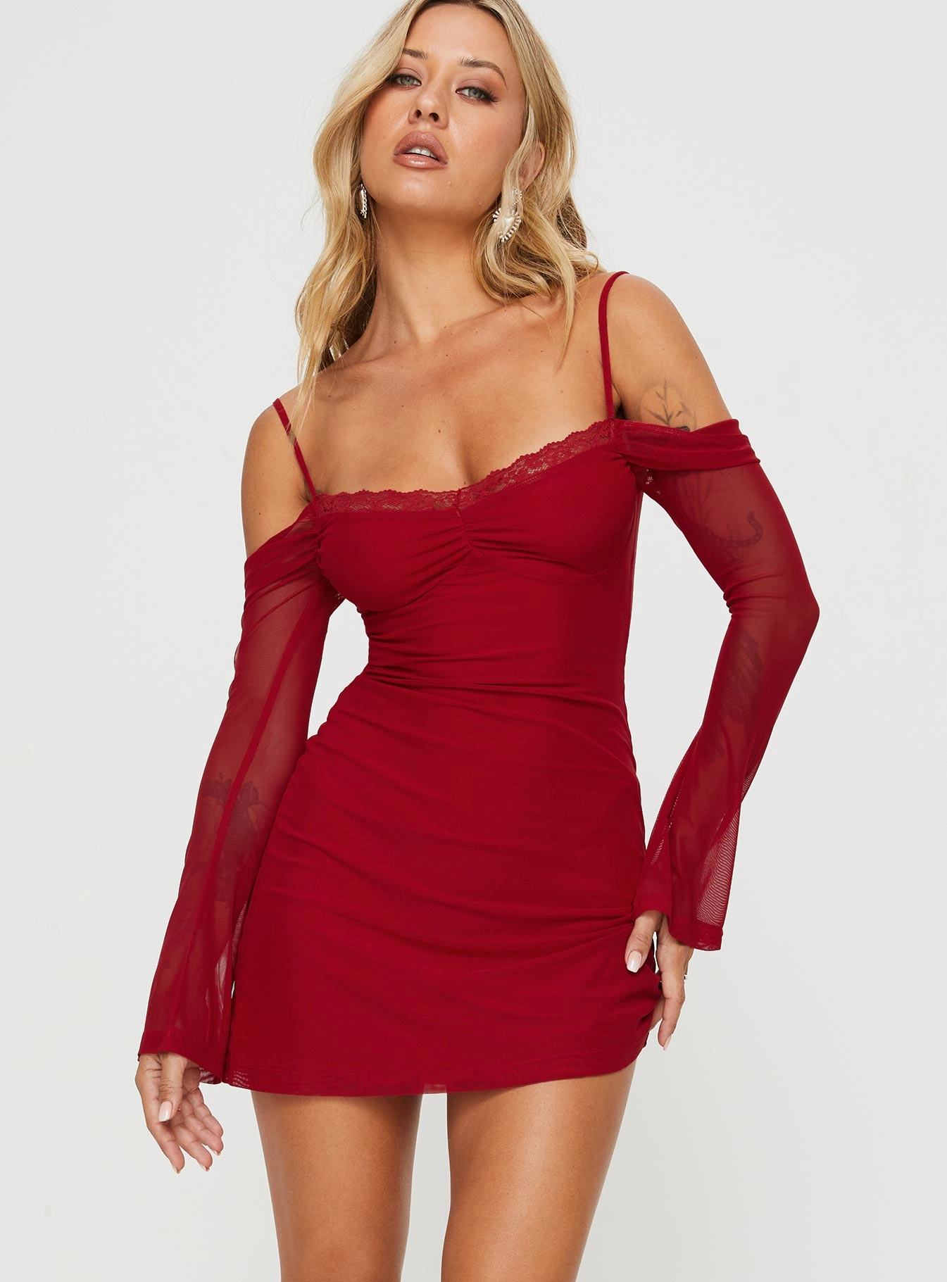 Edmone Long Sleeve Mini Dress Red Asymmetric-Neck Simple Flow