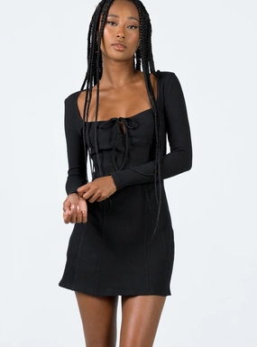 Normandy Long Sleeve Mini Dress Black Matte Fabric