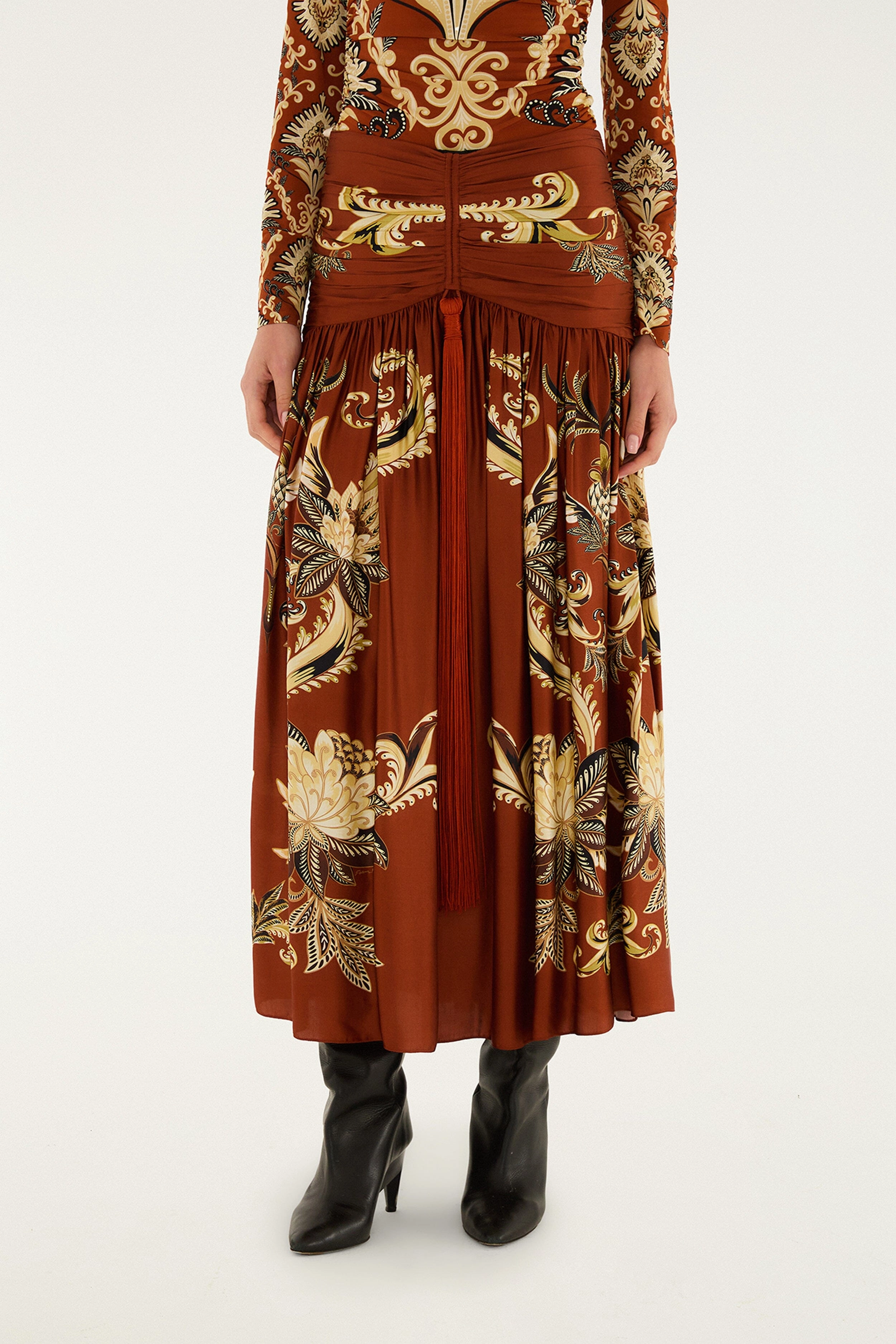 Hip Skimming Orange Arabesque Paradise Flower Fringe Lenzing? Ecovero? Viscose Midi Skirt