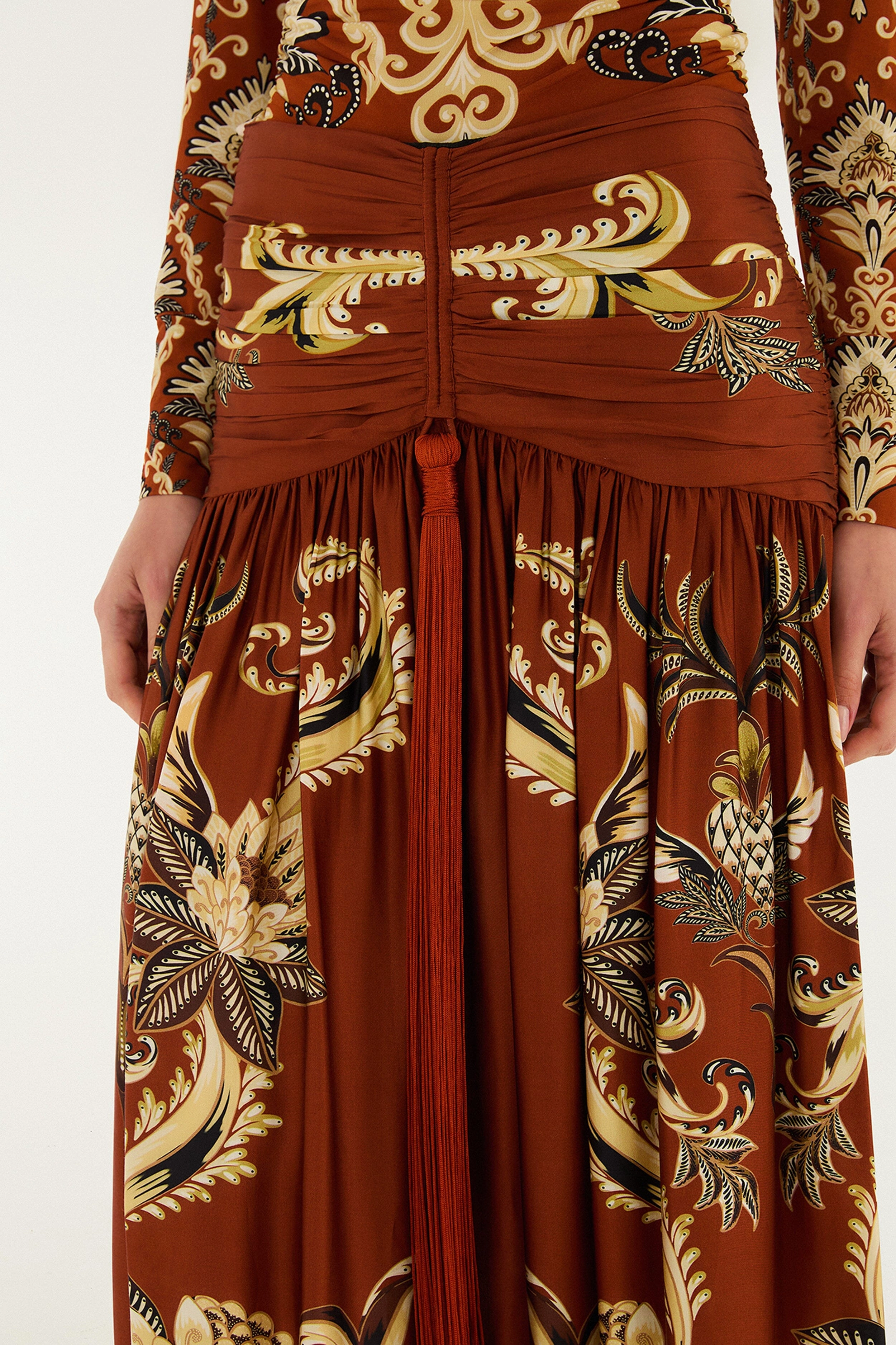 Runway Ready Neat Finish Orange Arabesque Paradise Flower Fringe Lenzing? Ecovero? Viscose Midi Skirt