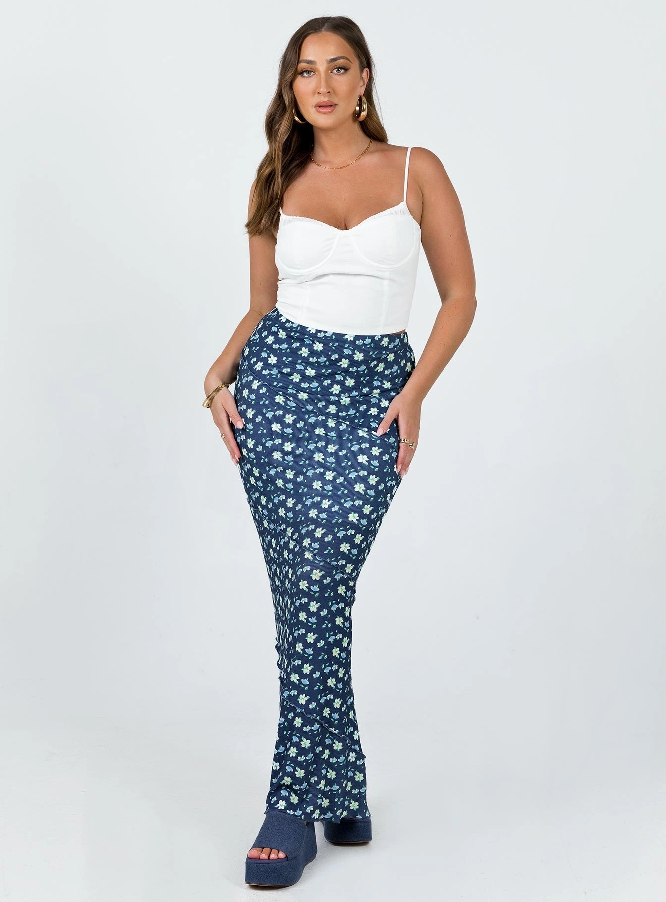 Feminine Charm Oscar Maxi Skirt Navy Floral