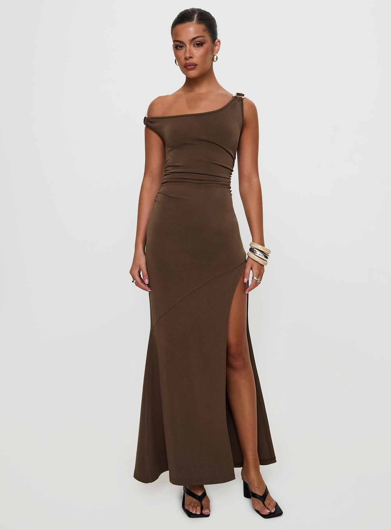 Luxury Feel Rios One Shoulder Maxi Dress Brown